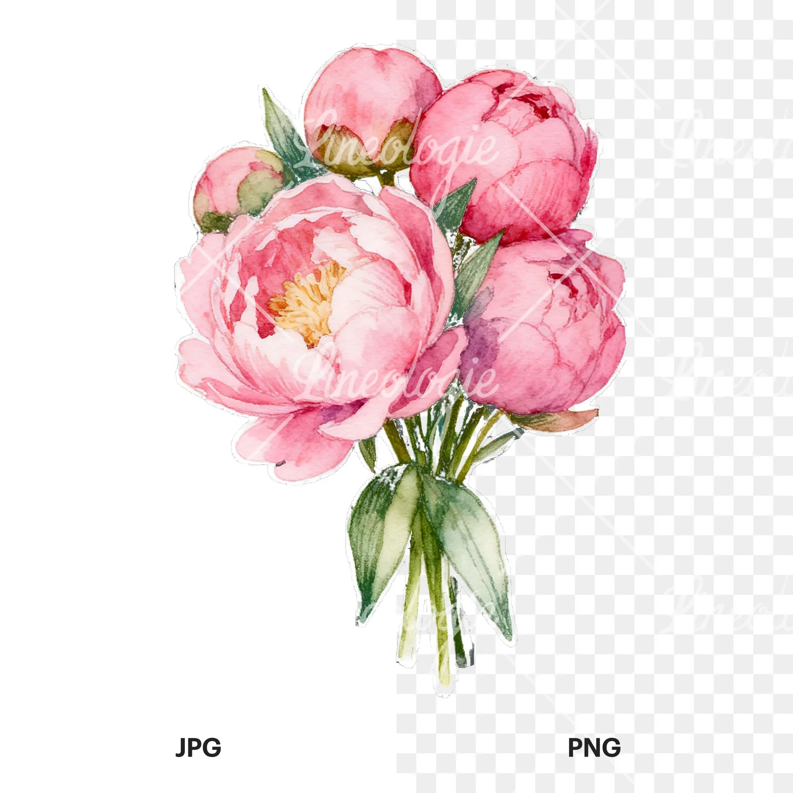 Watercolor loose pink peony bouquet clipart 3 of 9, as a JPG on white and a transparent PNG