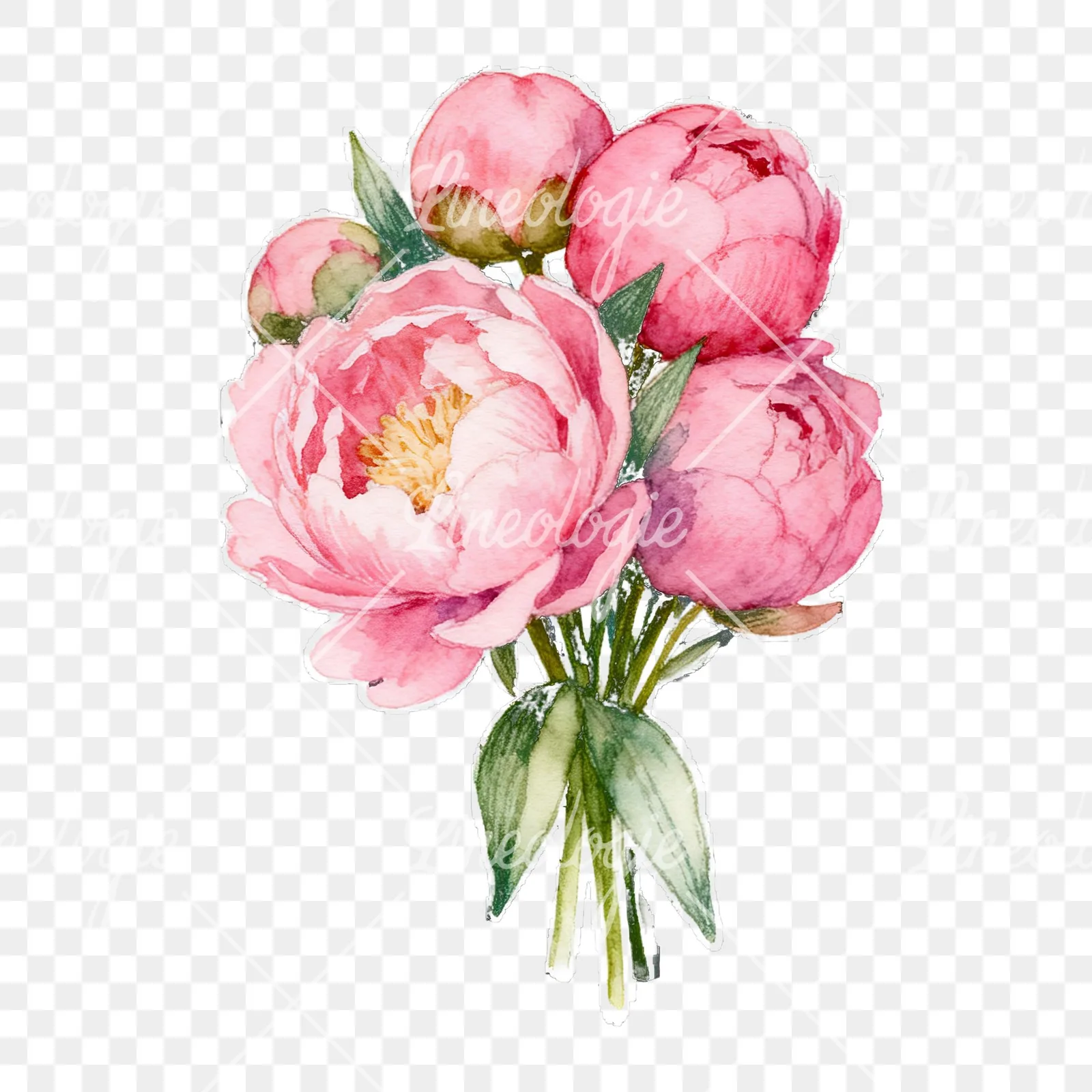 Watercolor loose pink peony bouquet clipart 3 of 9 on a transparent background (PNG)