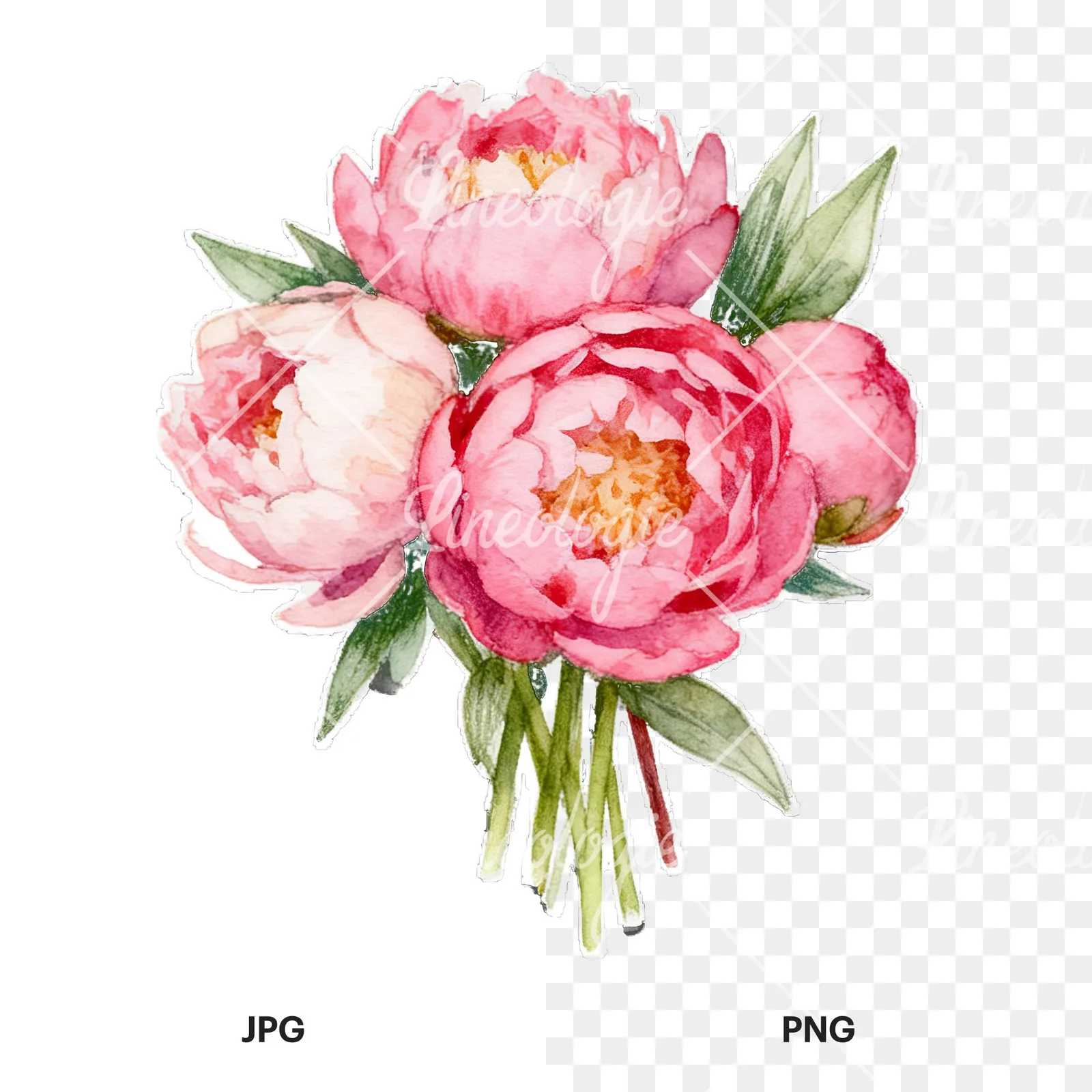 Watercolor loose pink peony bouquet clipart 4 of 9, as a JPG on white and a transparent PNG