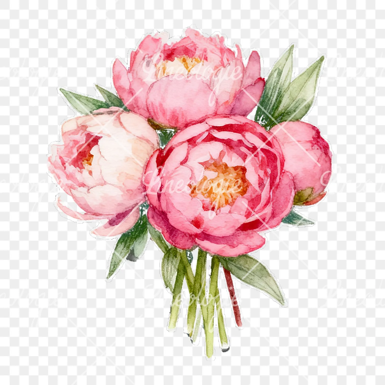 Watercolor loose pink peony bouquet clipart 4 of 9 on a transparent background (PNG)