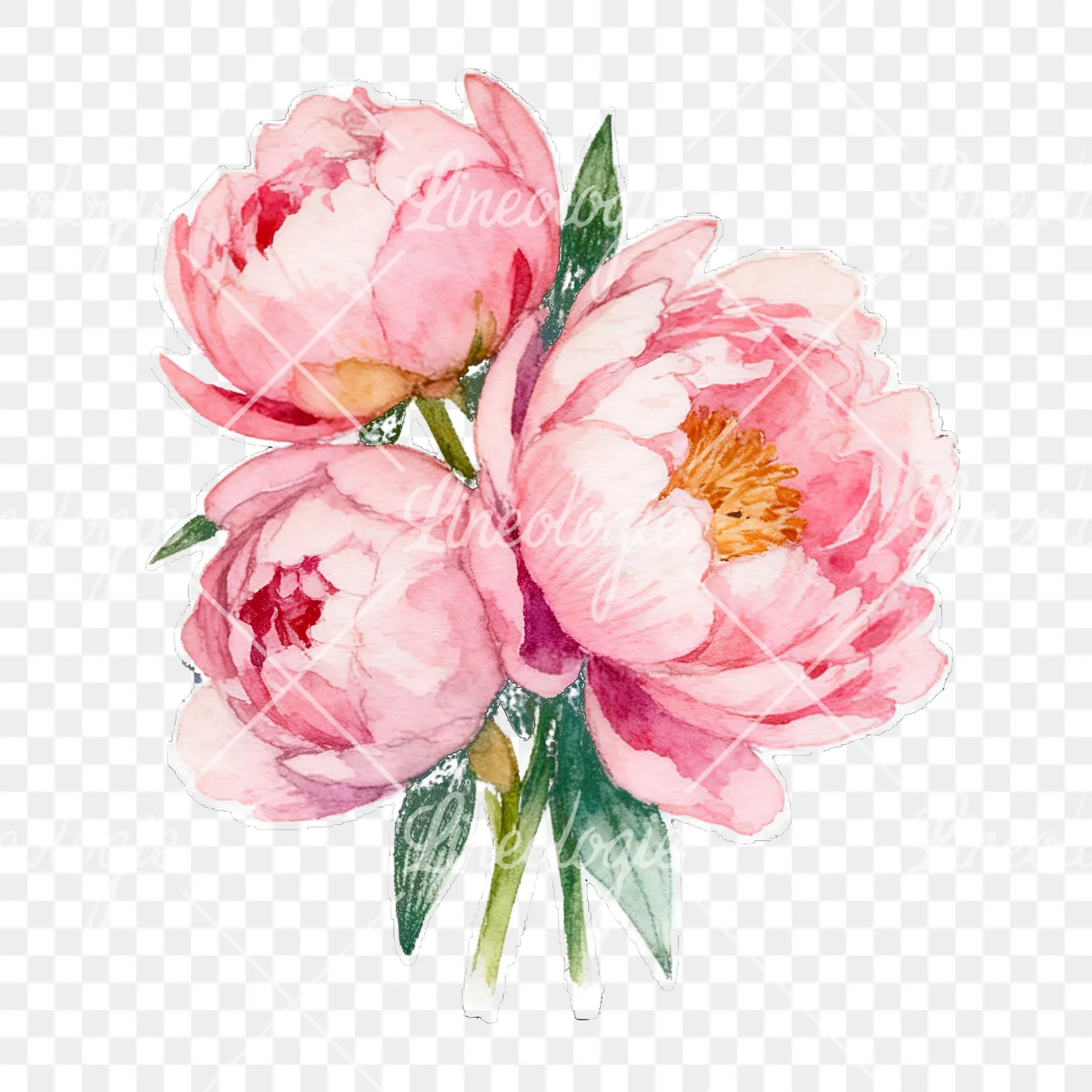 Watercolor loose pink peony bouquet clipart 6 of 9 on a transparent background (PNG)
