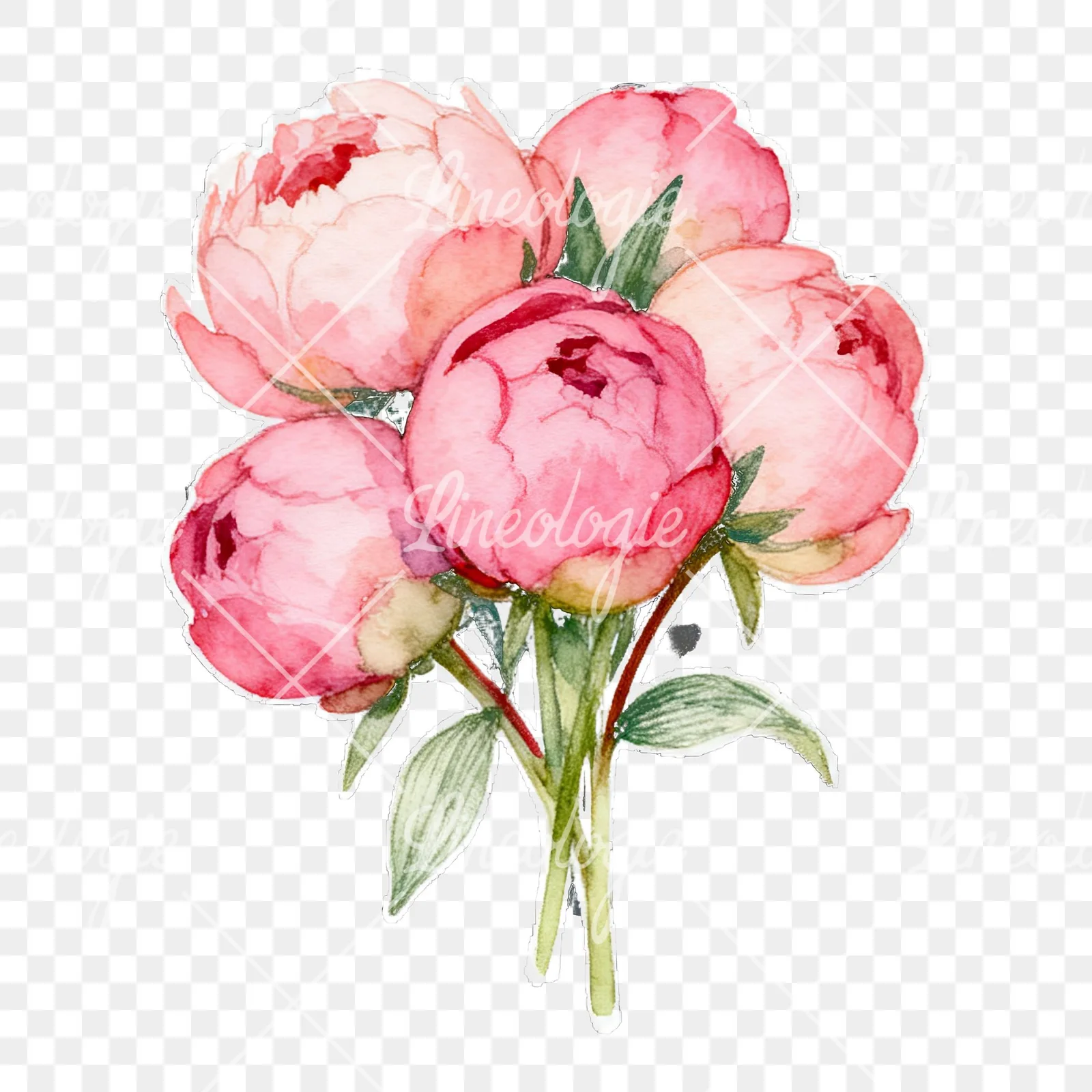 Watercolor loose pink peony bouquet clipart 7 of 9 on a transparent background (PNG)