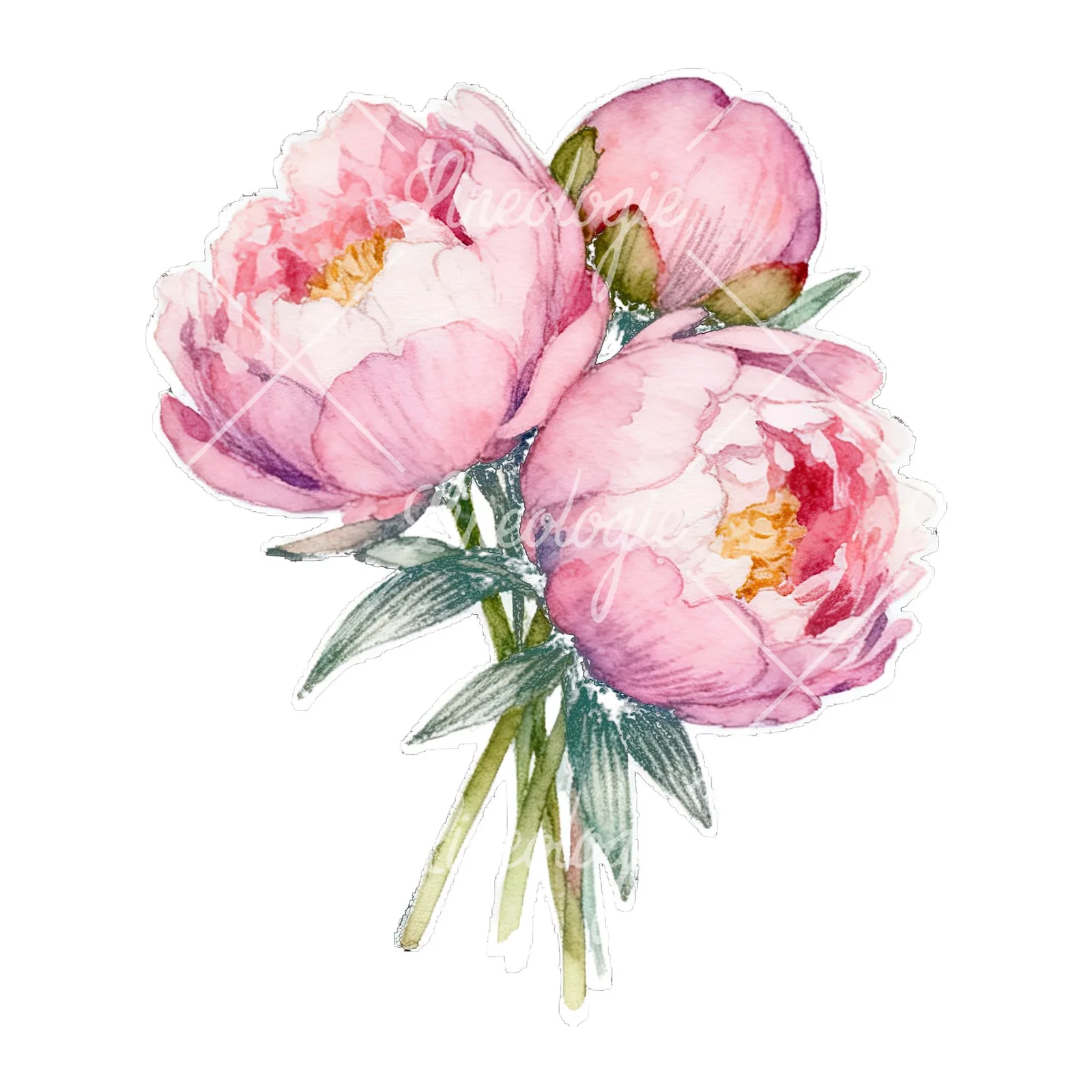 Watercolor loose pink peony bouquet clipart 8 of 9 on a white background (JPG)