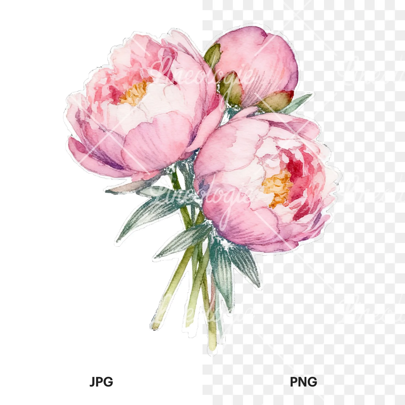 Watercolor loose pink peony bouquet clipart 8 of 9, as a JPG on white and a transparent PNG