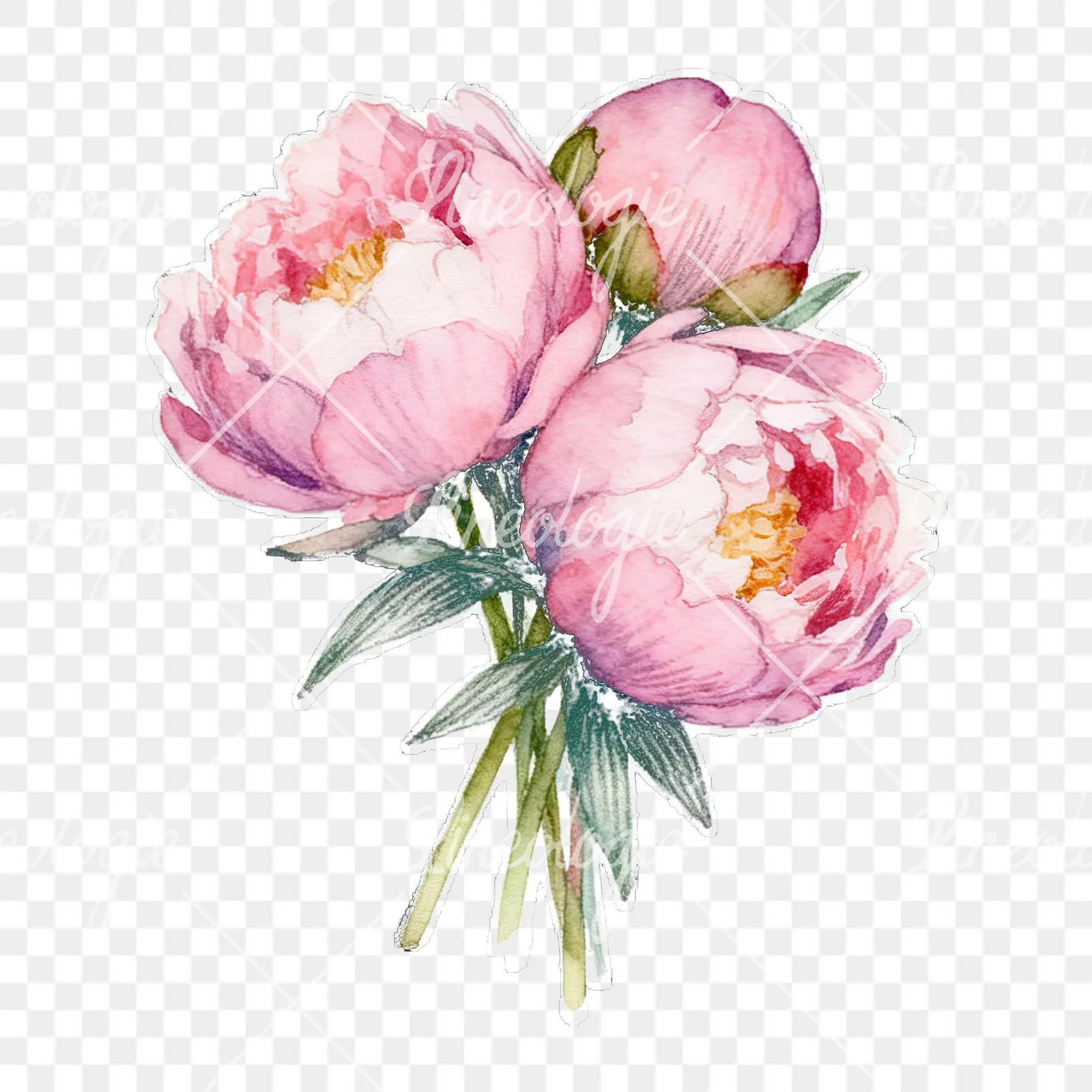 Watercolor loose pink peony bouquet clipart 8 of 9 on a transparent background (PNG)