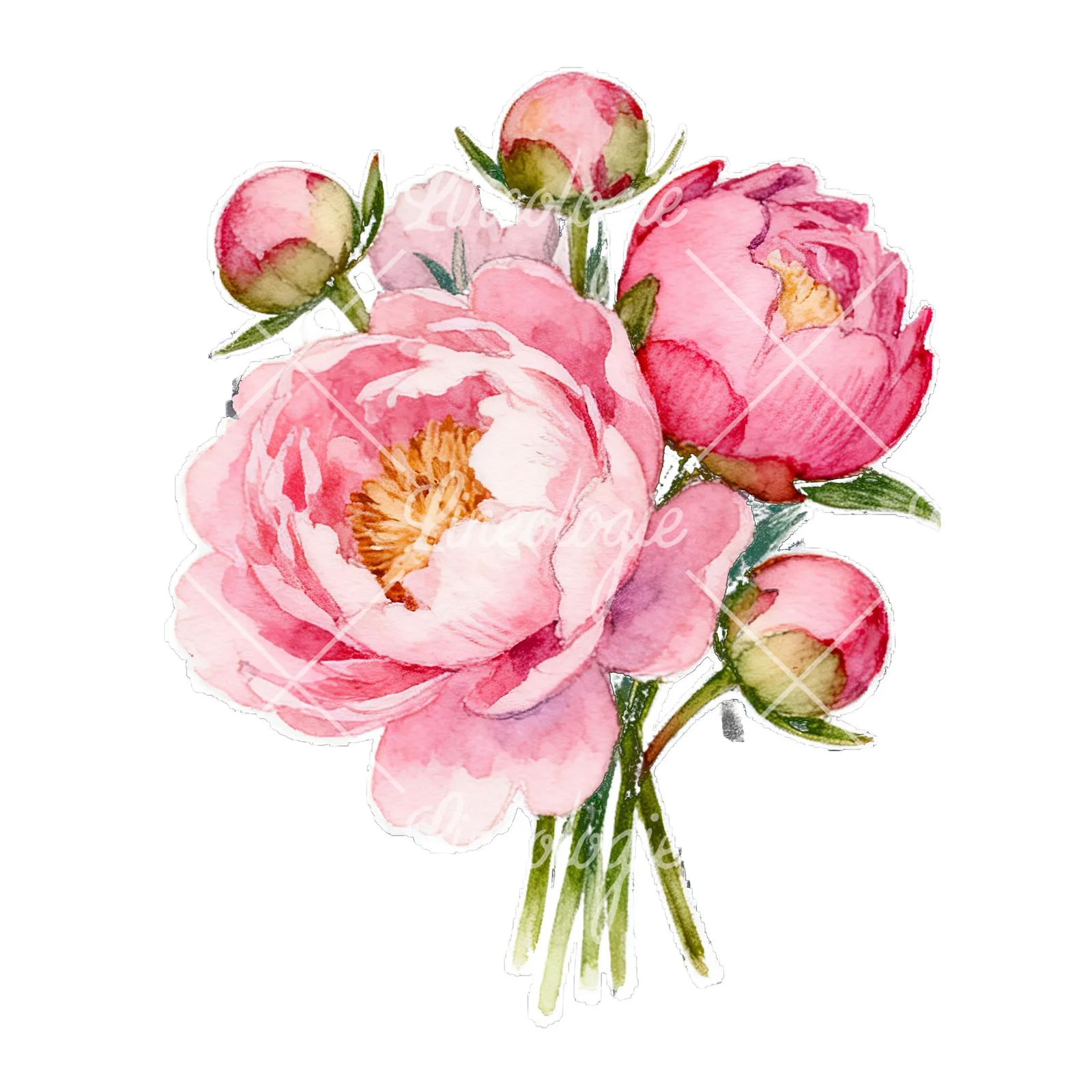 Watercolor loose pink peony bouquet clipart 9 of 9 on a white background (JPG)