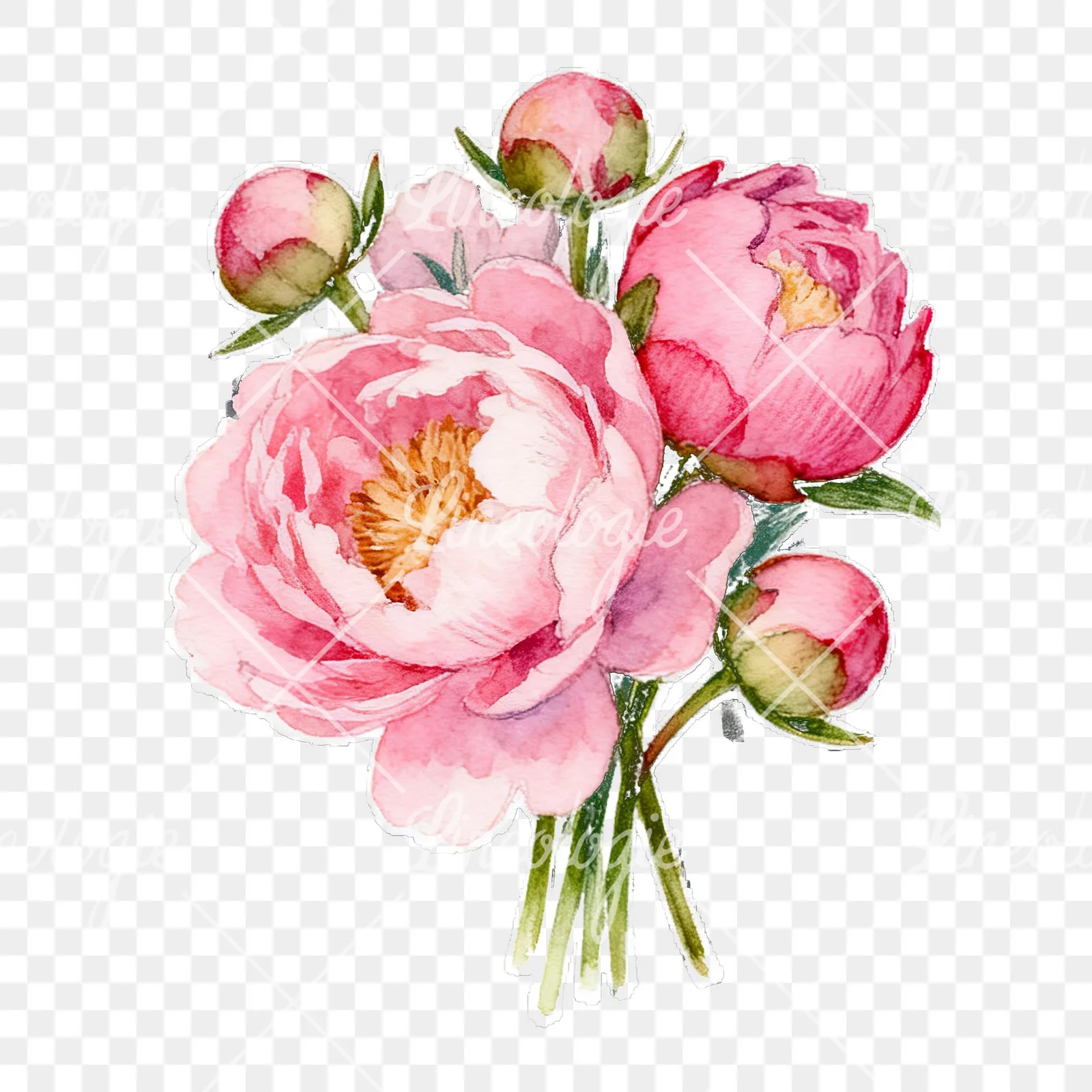 Watercolor loose pink peony bouquet clipart 9 of 9 on a transparent background (PNG)