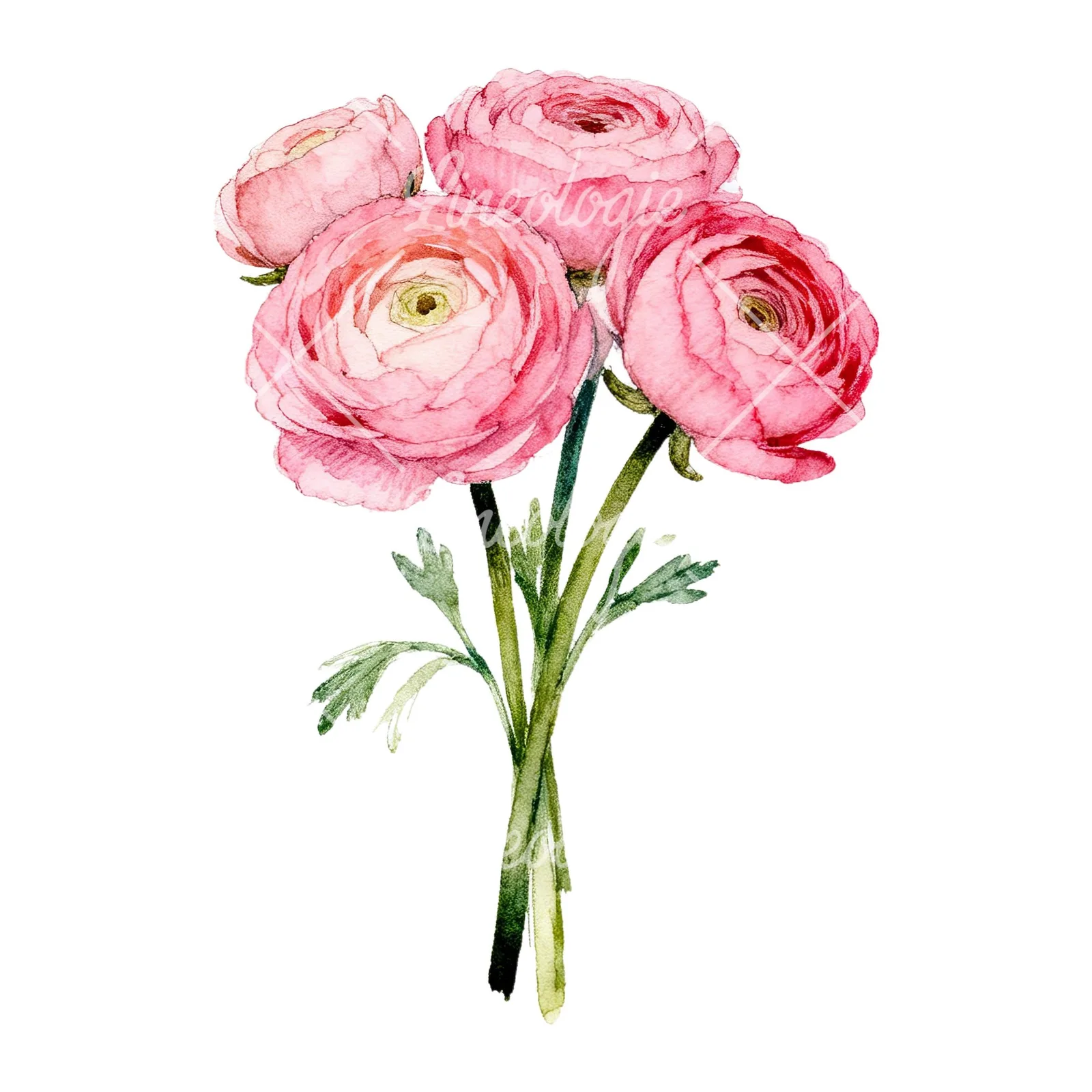 Watercolor pink ranunculus bouquet with buds and stems clipart 1 of 9 on a white background (JPG)