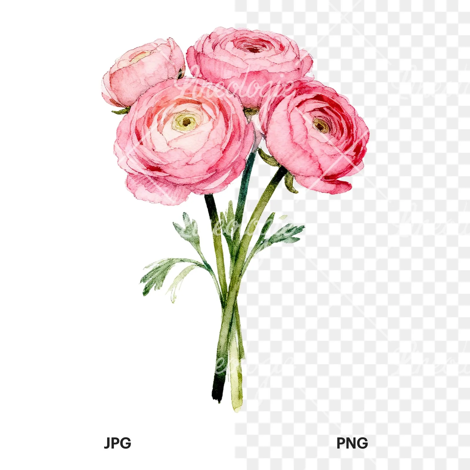 Watercolor pink ranunculus bouquet with buds and stems clipart 1 of 9, as a JPG on white and a transparent PNG