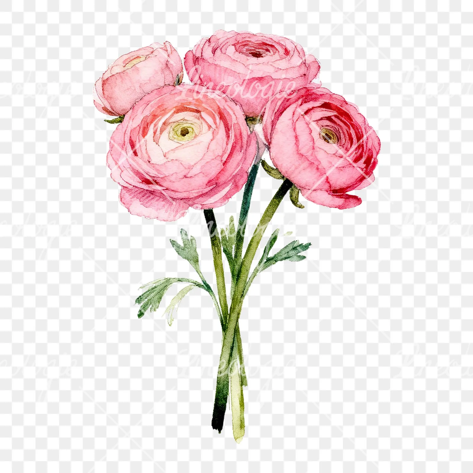 Watercolor pink ranunculus bouquet with buds and stems clipart 1 of 9 on a transparent background (PNG)