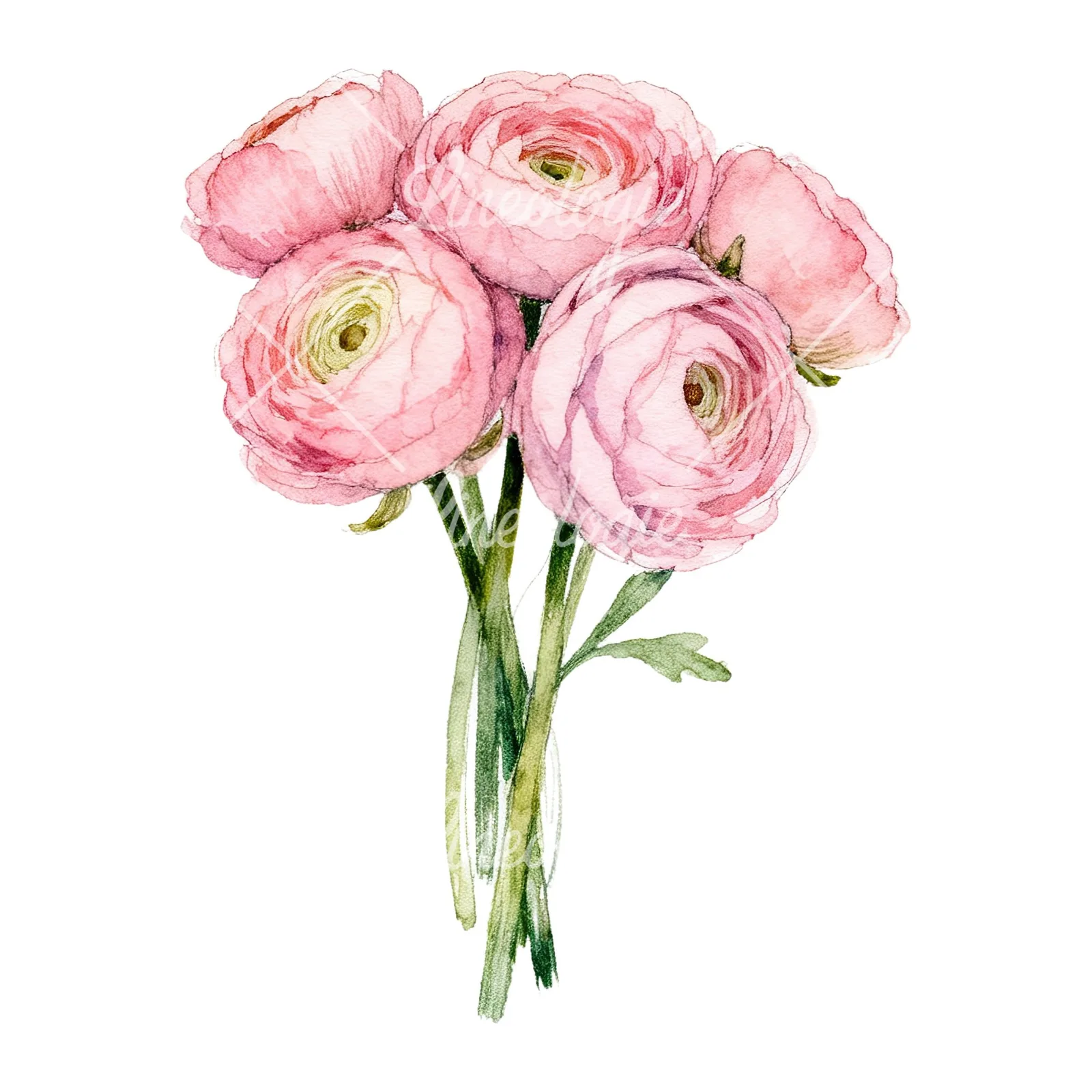 Watercolor pink ranunculus bouquet with buds and stems clipart 2 of 9 on a white background (JPG)