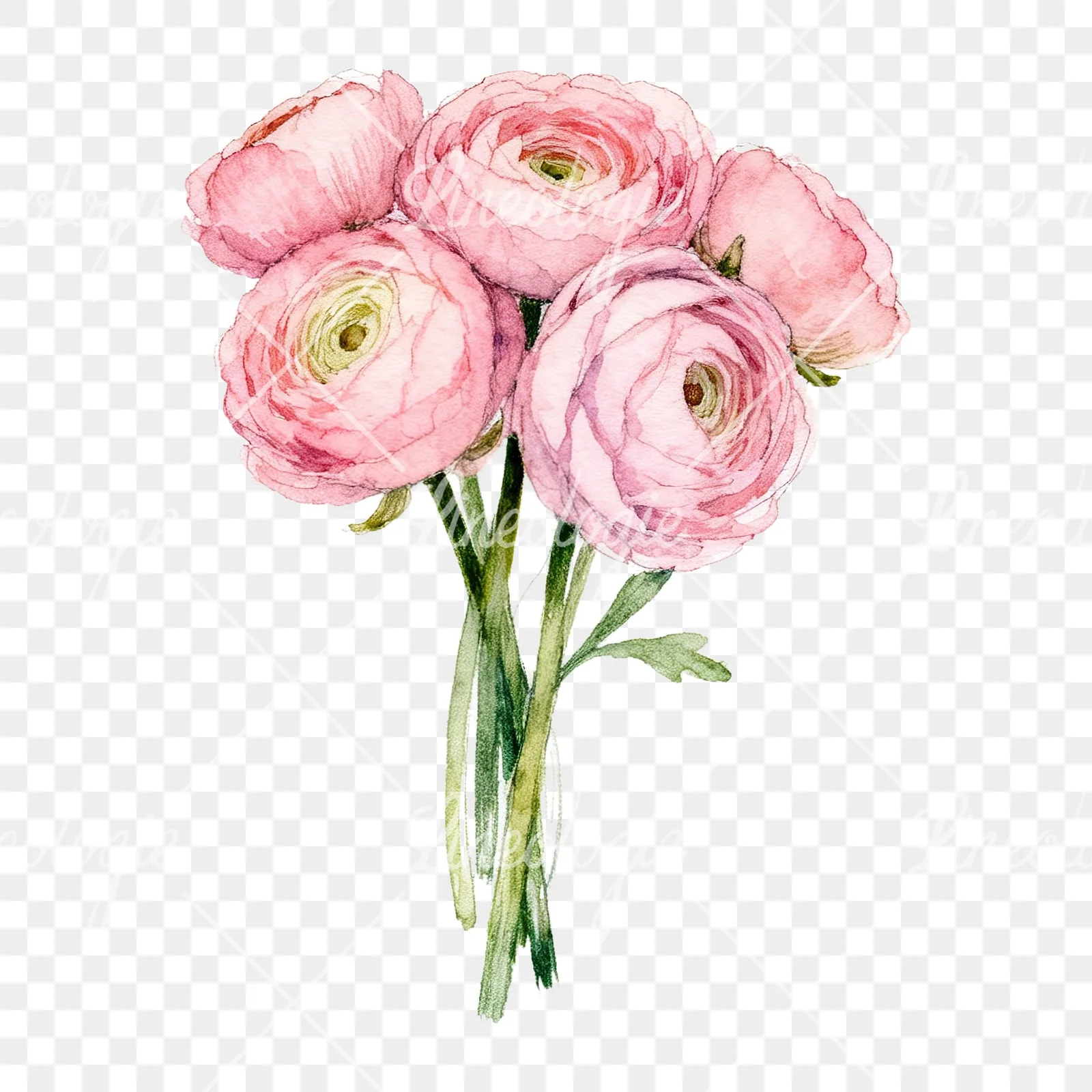 Watercolor pink ranunculus bouquet with buds and stems clipart 2 of 9 on a transparent background (PNG)
