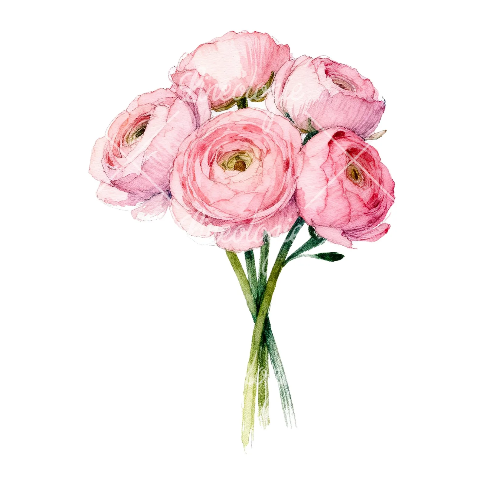 Watercolor pink ranunculus bouquet with buds and stems clipart 3 of 9 on a white background (JPG)