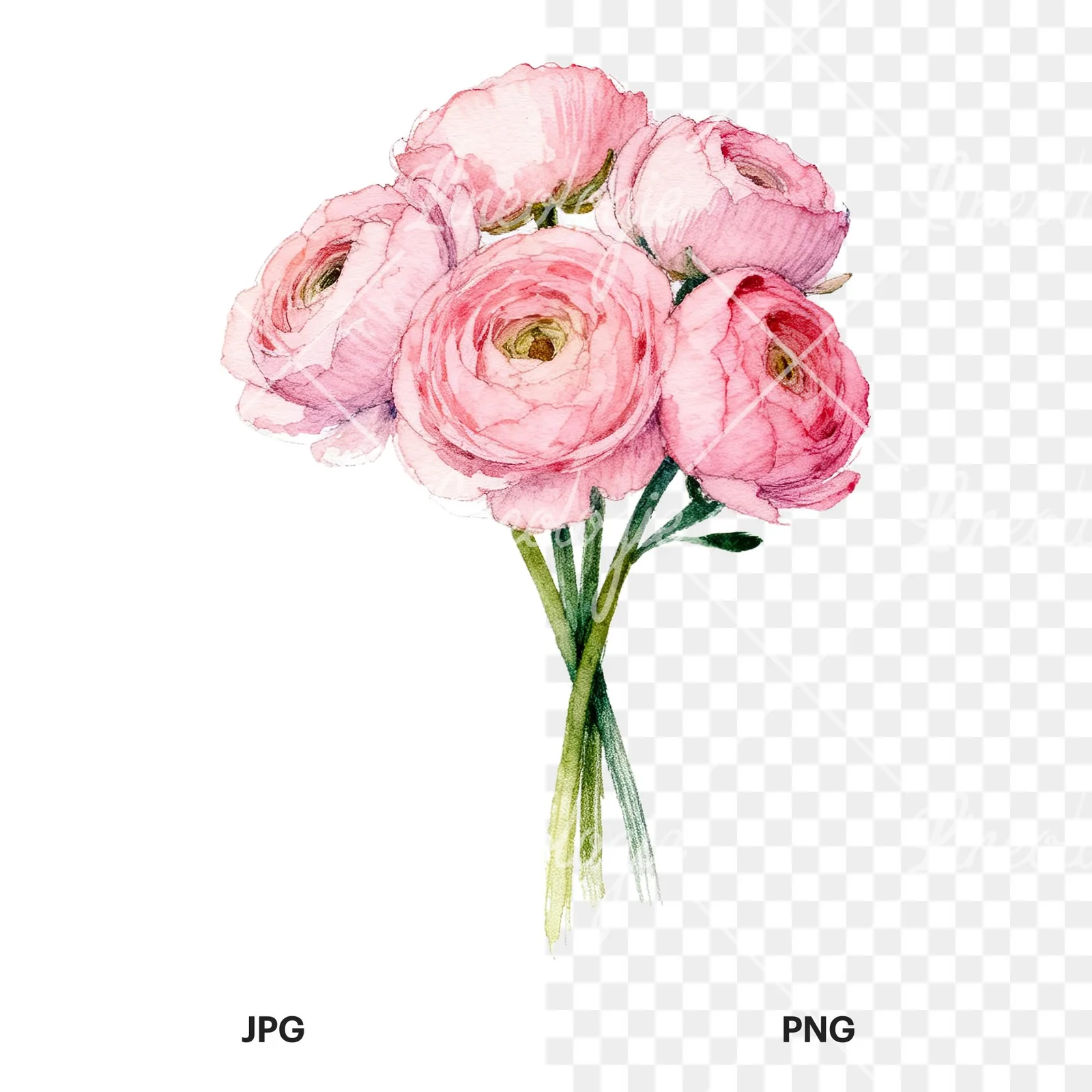 Watercolor pink ranunculus bouquet with buds and stems clipart 3 of 9, as a JPG on white and a transparent PNG