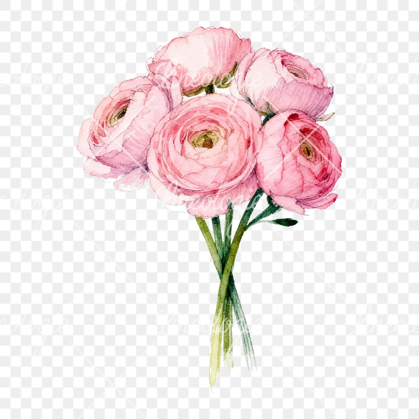 Watercolor pink ranunculus bouquet with buds and stems clipart 3 of 9 on a transparent background (PNG)