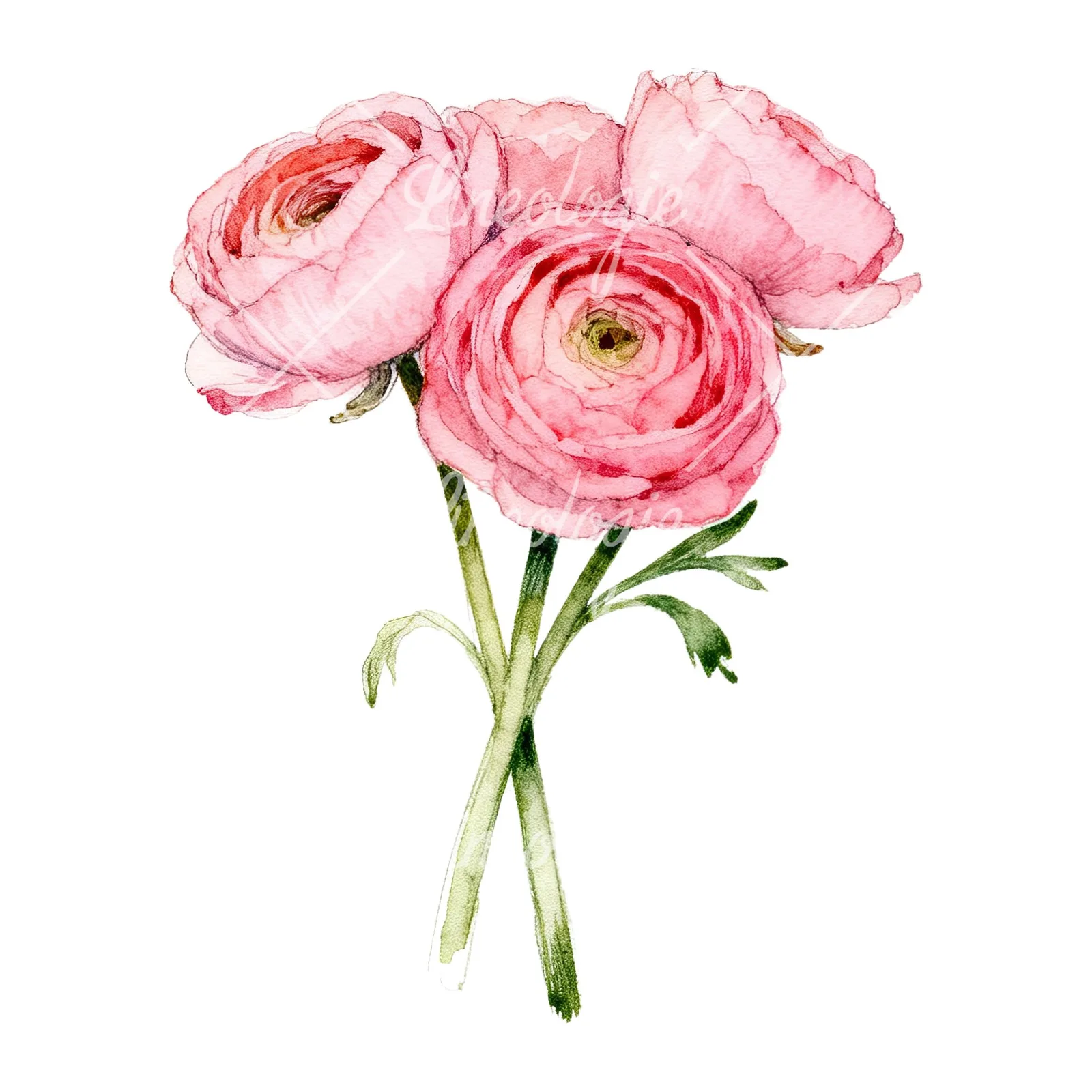 Watercolor pink ranunculus bouquet with buds and stems clipart 4 of 9 on a white background (JPG)