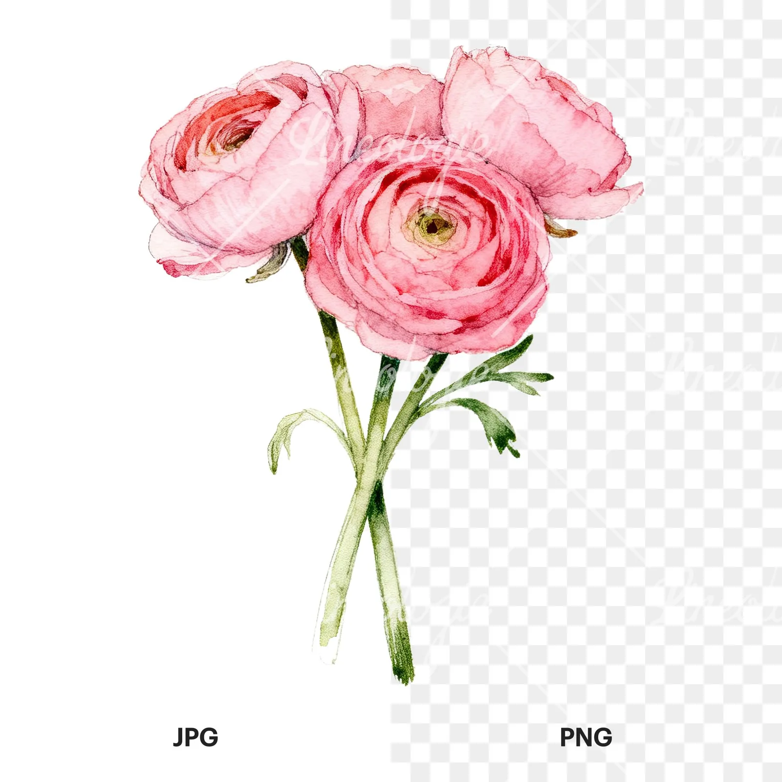 Watercolor pink ranunculus bouquet with buds and stems clipart 4 of 9, as a JPG on white and a transparent PNG