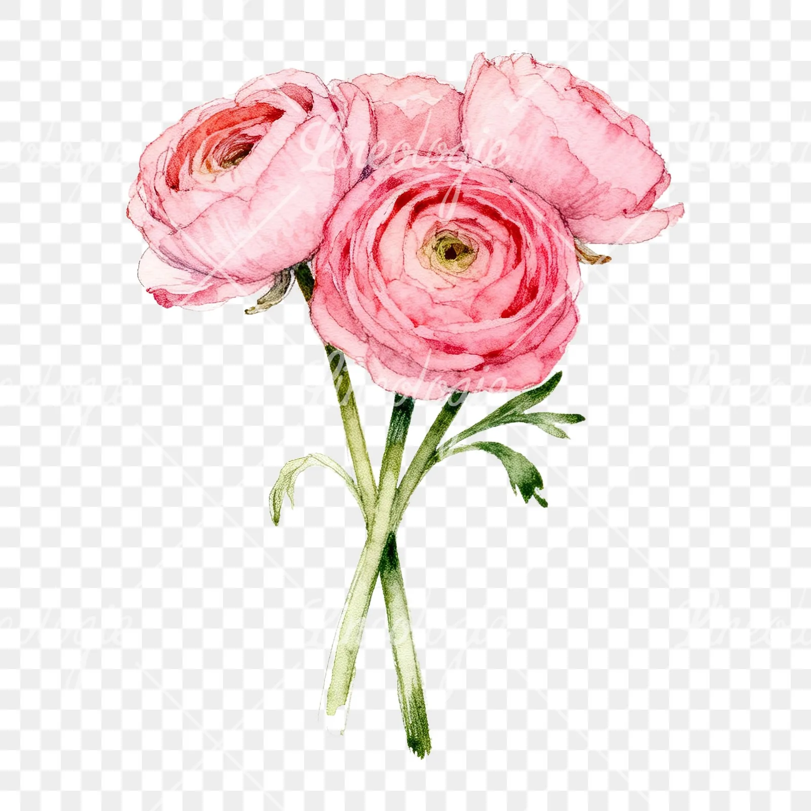 Watercolor pink ranunculus bouquet with buds and stems clipart 4 of 9 on a transparent background (PNG)