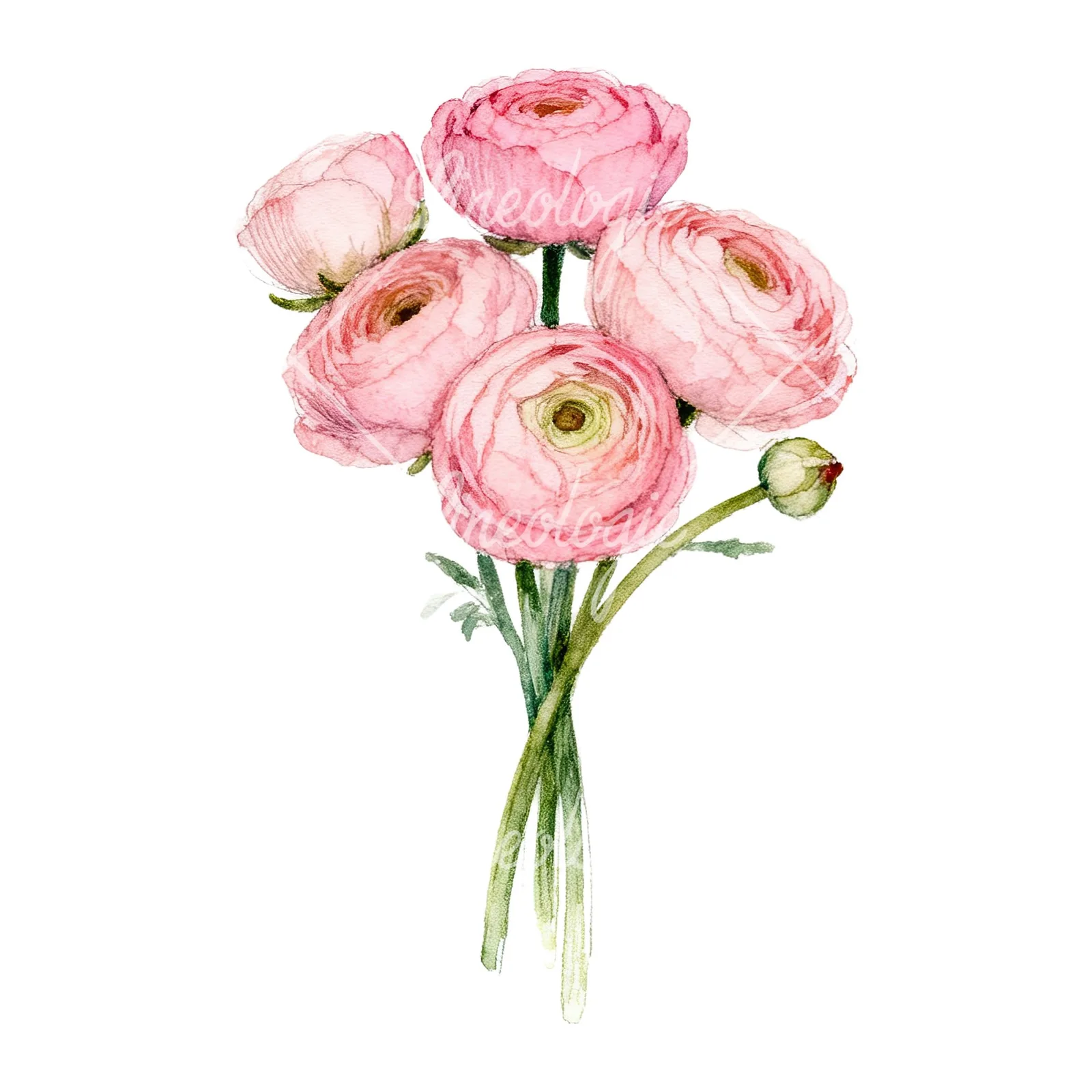 Watercolor pink ranunculus bouquet with buds and stems clipart 5 of 9 on a white background (JPG)