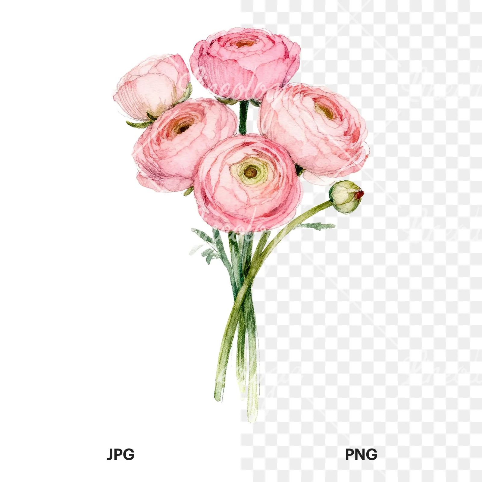 Watercolor pink ranunculus bouquet with buds and stems clipart 5 of 9, as a JPG on white and a transparent PNG