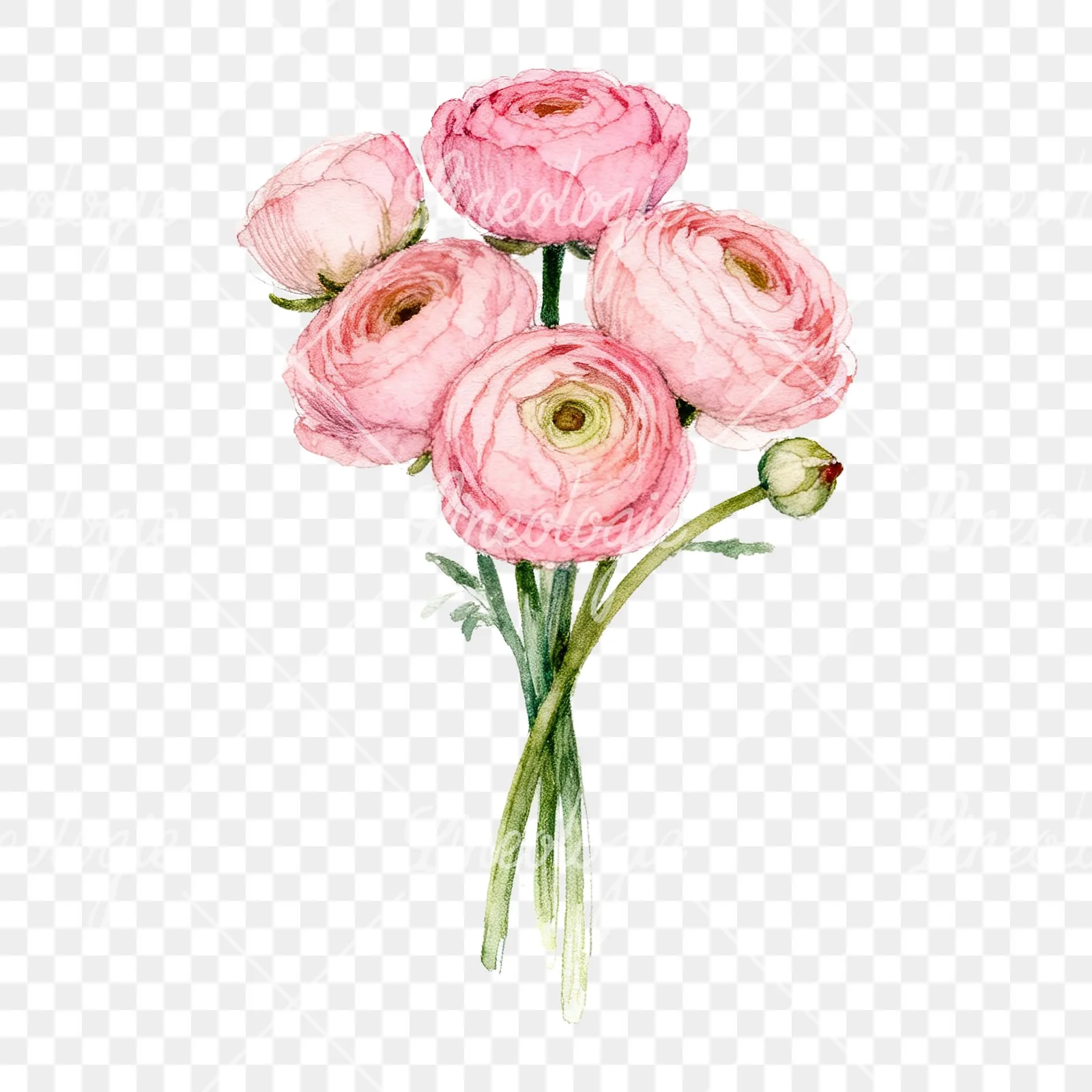 Watercolor pink ranunculus bouquet with buds and stems clipart 5 of 9 on a transparent background (PNG)