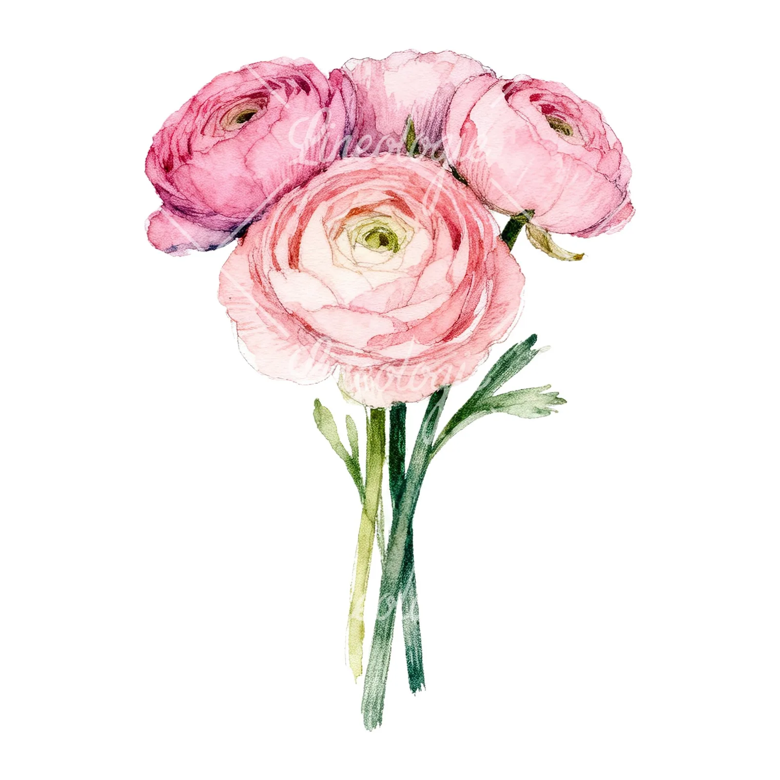 Watercolor pink ranunculus bouquet with buds and stems clipart 6 of 9 on a white background (JPG)