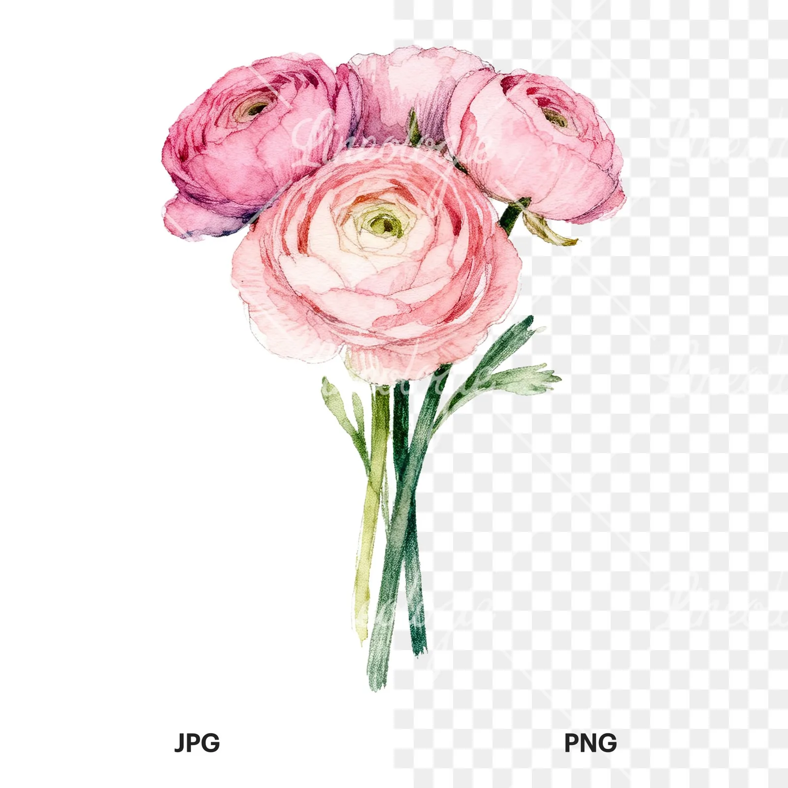 Watercolor pink ranunculus bouquet with buds and stems clipart 6 of 9, as a JPG on white and a transparent PNG