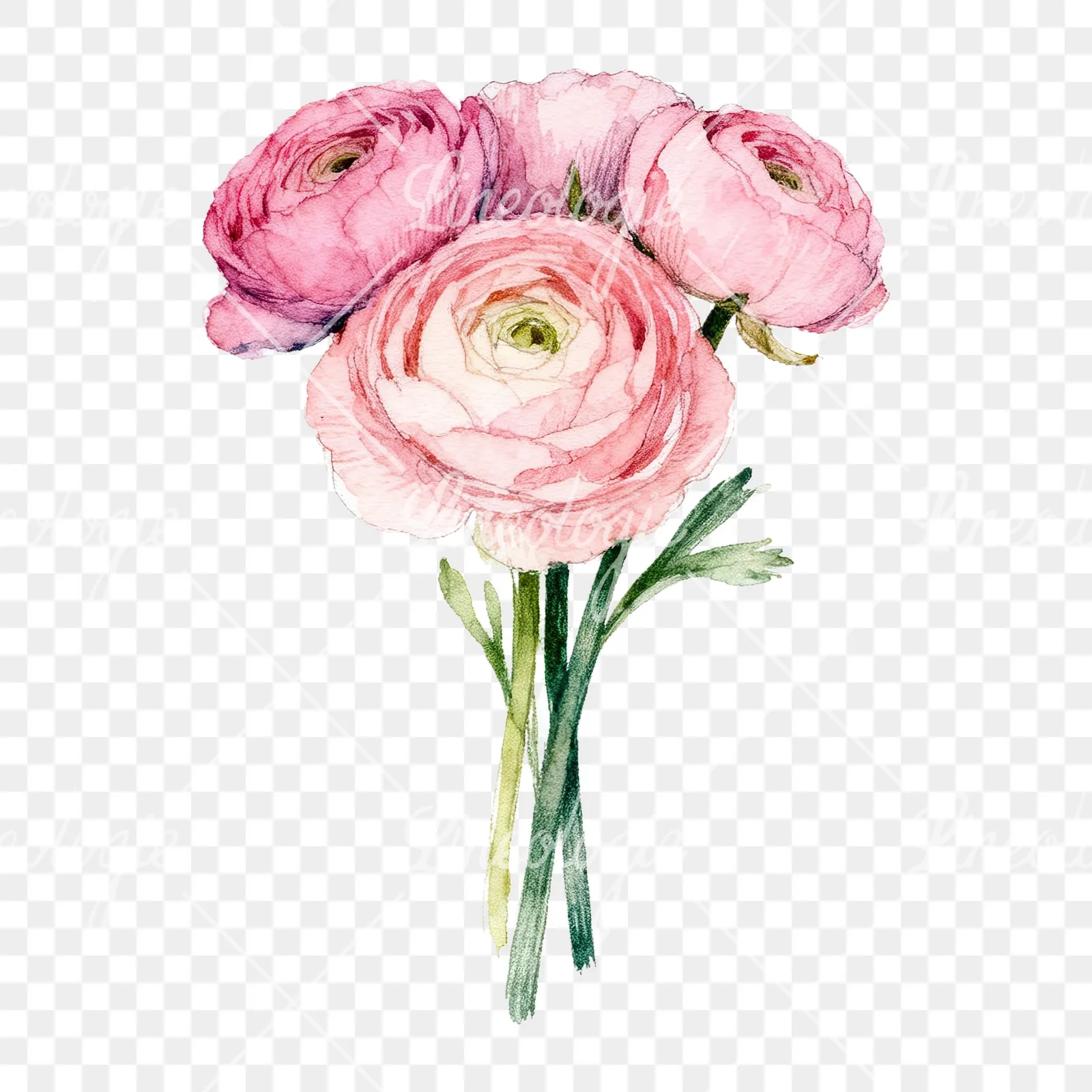 Watercolor pink ranunculus bouquet with buds and stems clipart 6 of 9 on a transparent background (PNG)