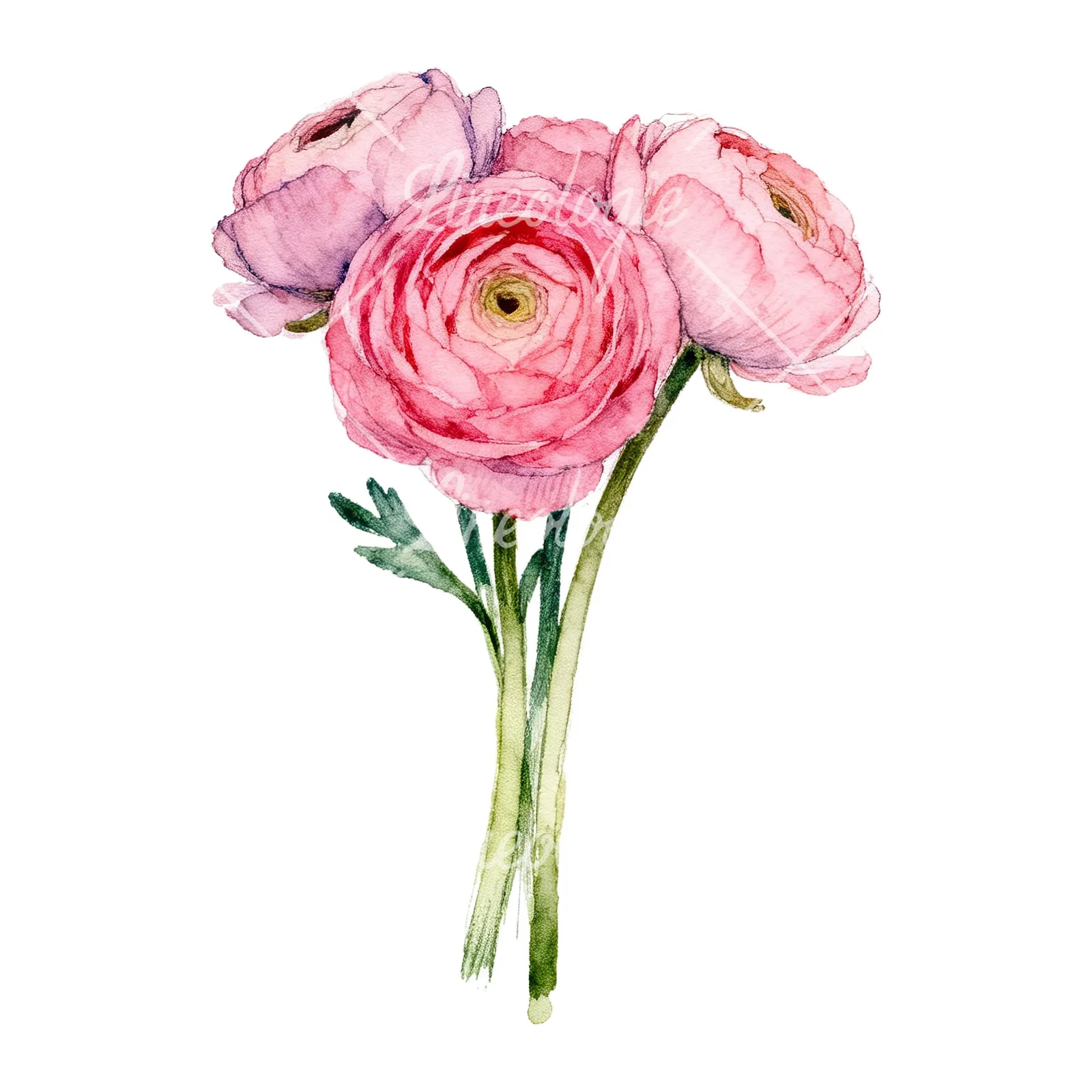 Watercolor pink ranunculus bouquet with buds and stems clipart 7 of 9 on a white background (JPG)