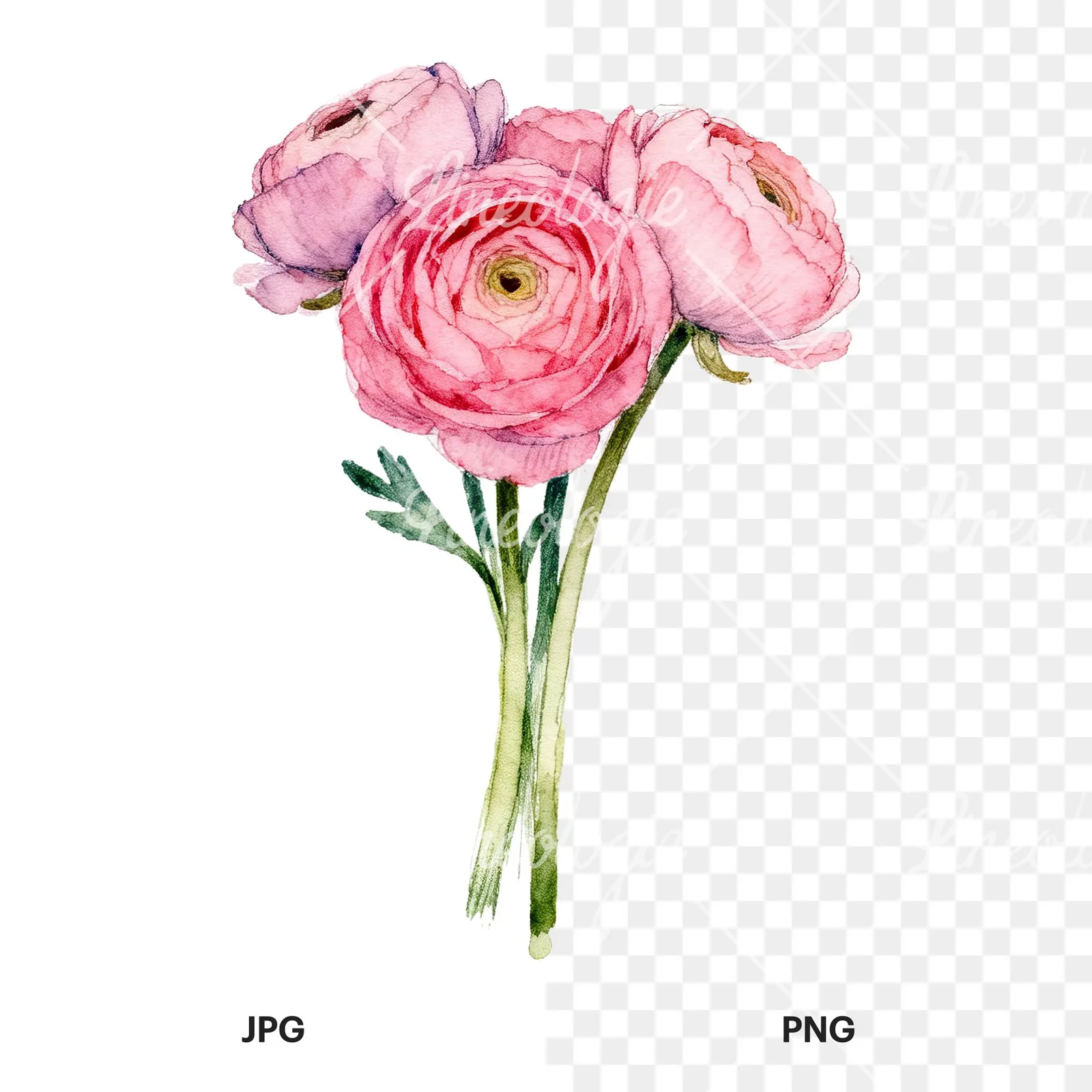 Watercolor pink ranunculus bouquet with buds and stems clipart 7 of 9, as a JPG on white and a transparent PNG