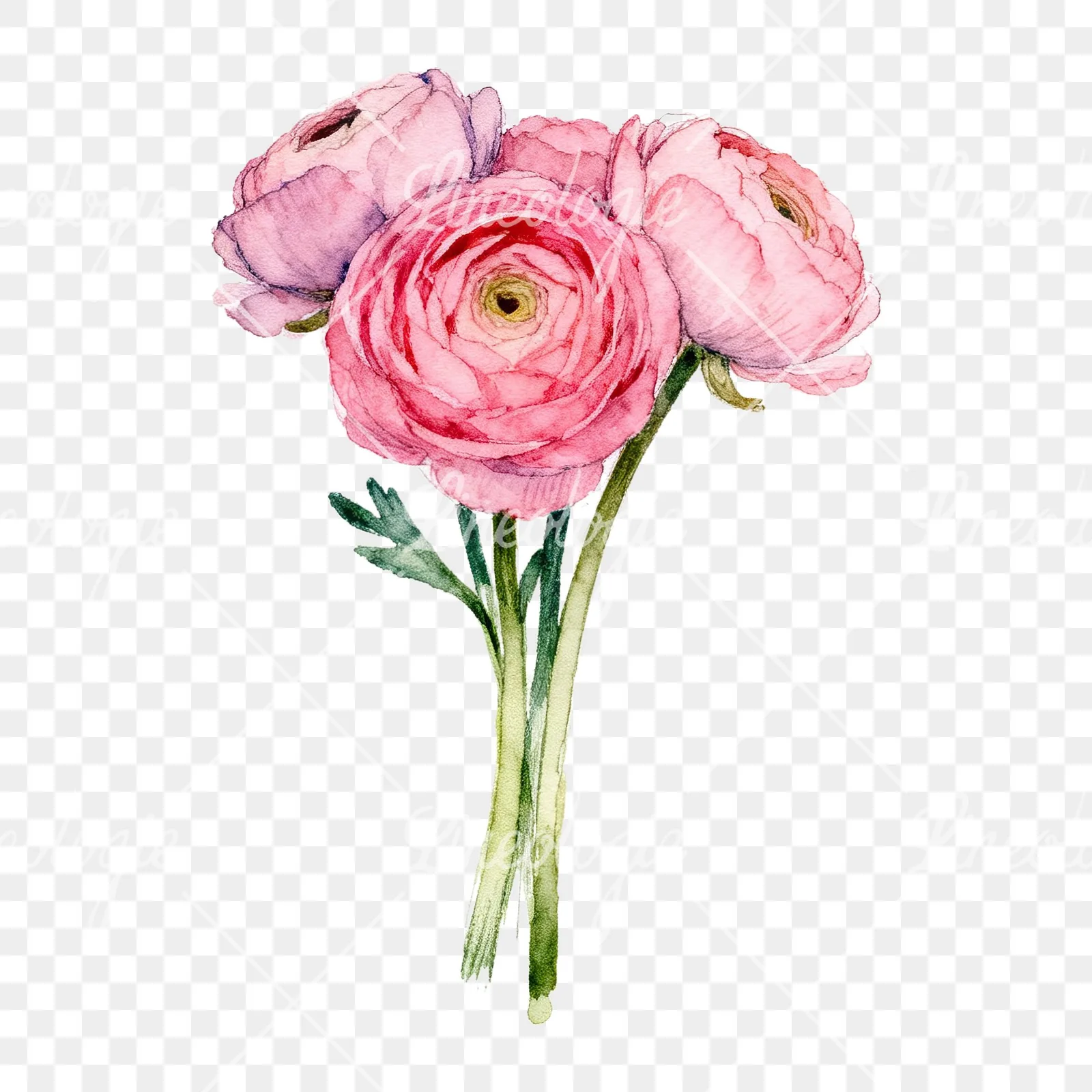 Watercolor pink ranunculus bouquet with buds and stems clipart 7 of 9 on a transparent background (PNG)