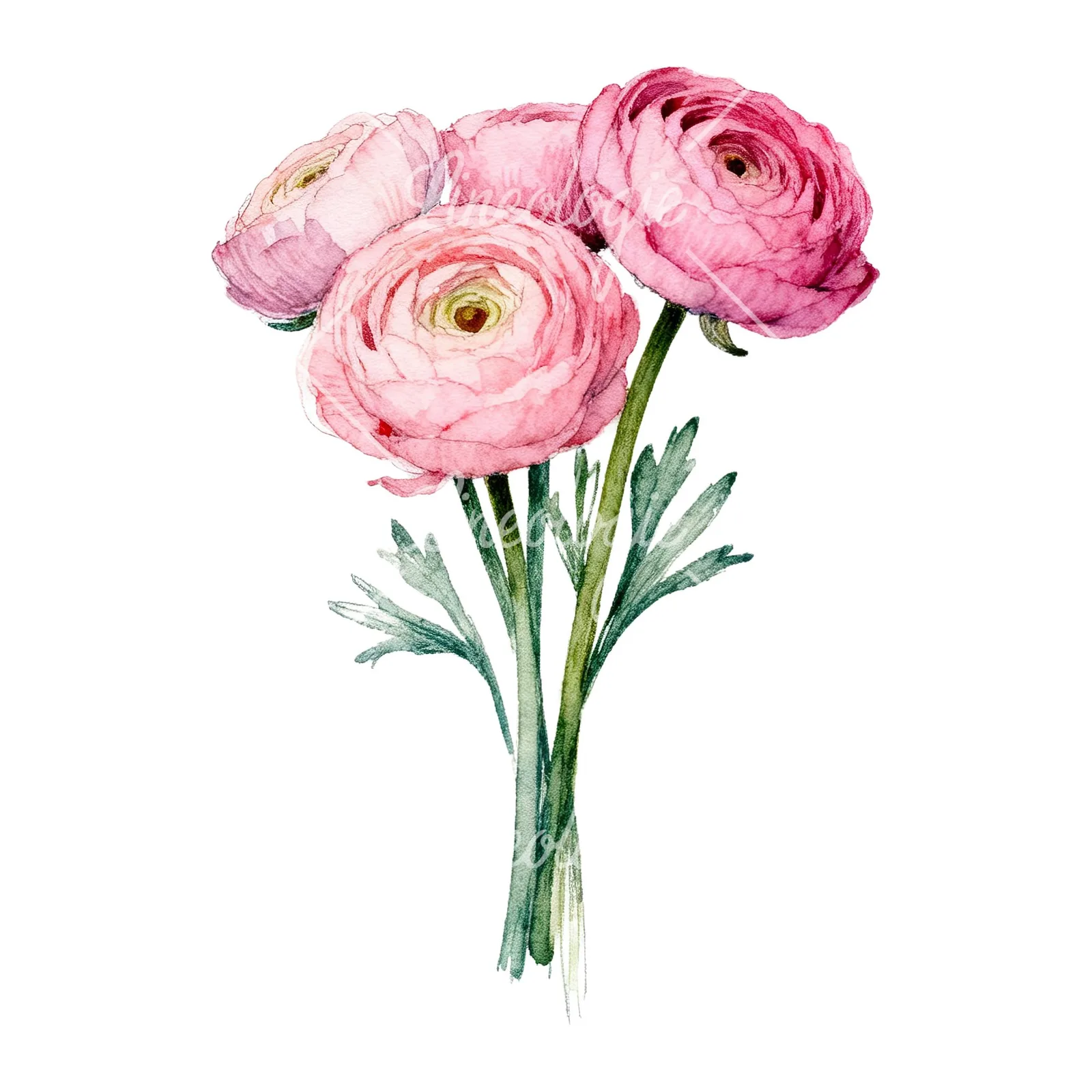 Watercolor pink ranunculus bouquet with buds and stems clipart 8 of 9 on a white background (JPG)