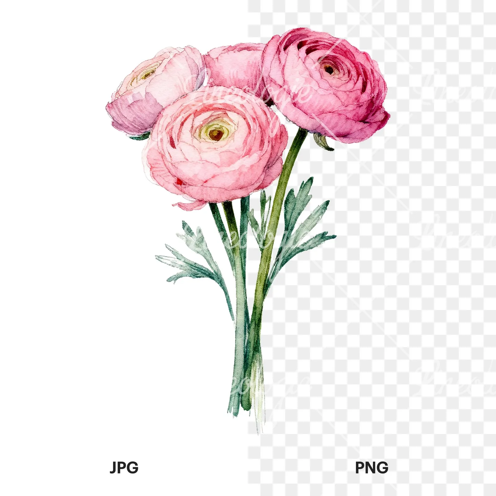 Watercolor pink ranunculus bouquet with buds and stems clipart 8 of 9, as a JPG on white and a transparent PNG