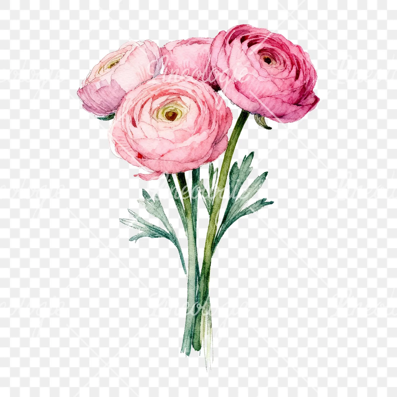 Watercolor pink ranunculus bouquet with buds and stems clipart 8 of 9 on a transparent background (PNG)