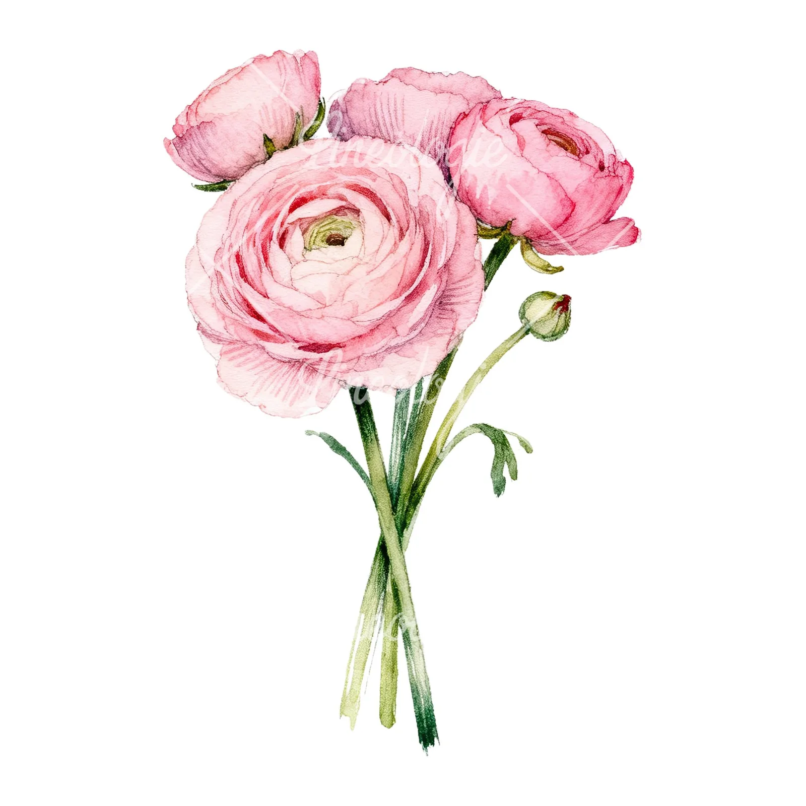 Watercolor pink ranunculus bouquet with buds and stems clipart 9 of 9 on a white background (JPG)