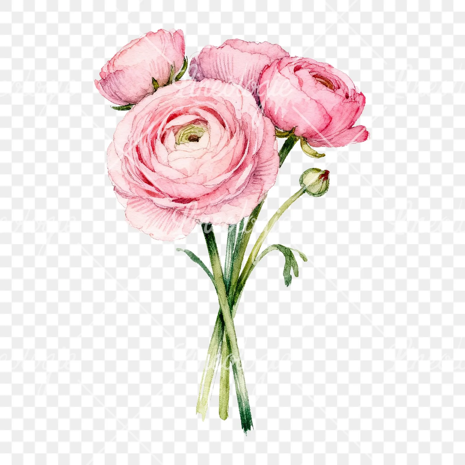Watercolor pink ranunculus bouquet with buds and stems clipart 9 of 9 on a transparent background (PNG)