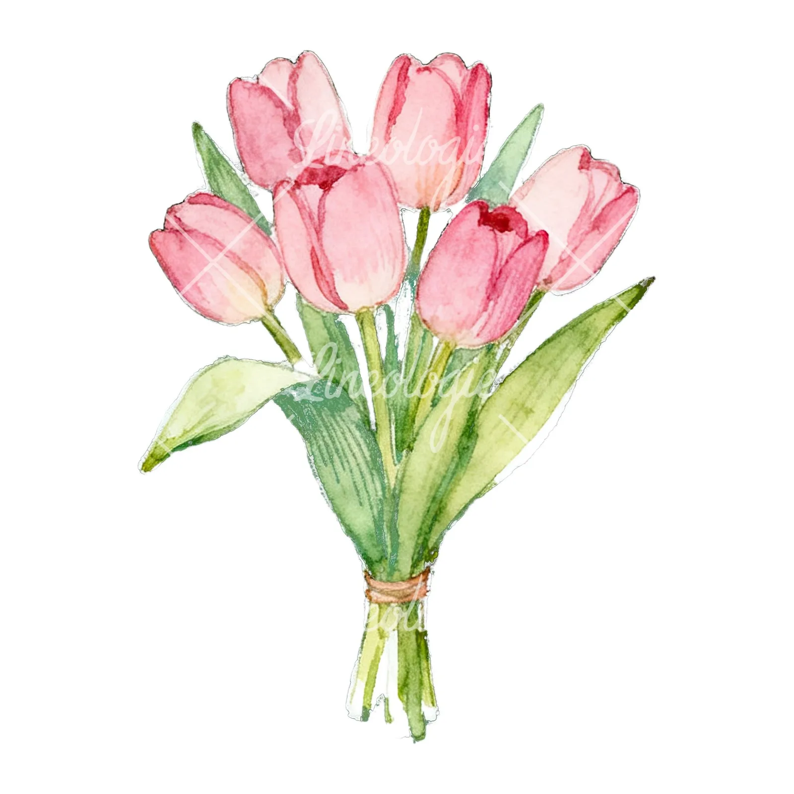 Watercolor loose pink tulip bouquet clipart 6 of 9 on a white background (JPG)