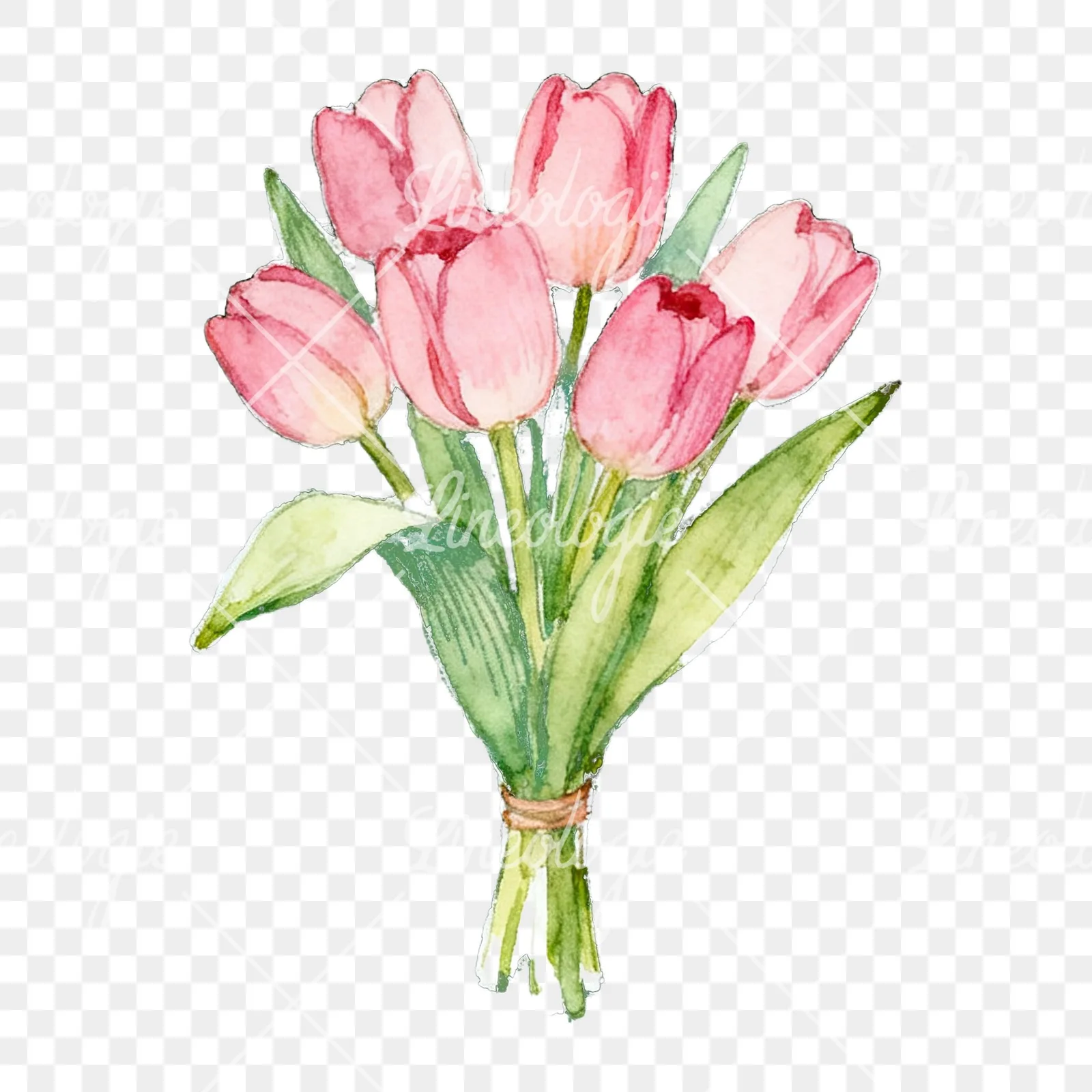 Watercolor loose pink tulip bouquet clipart 6 of 9 on a transparent background (PNG)