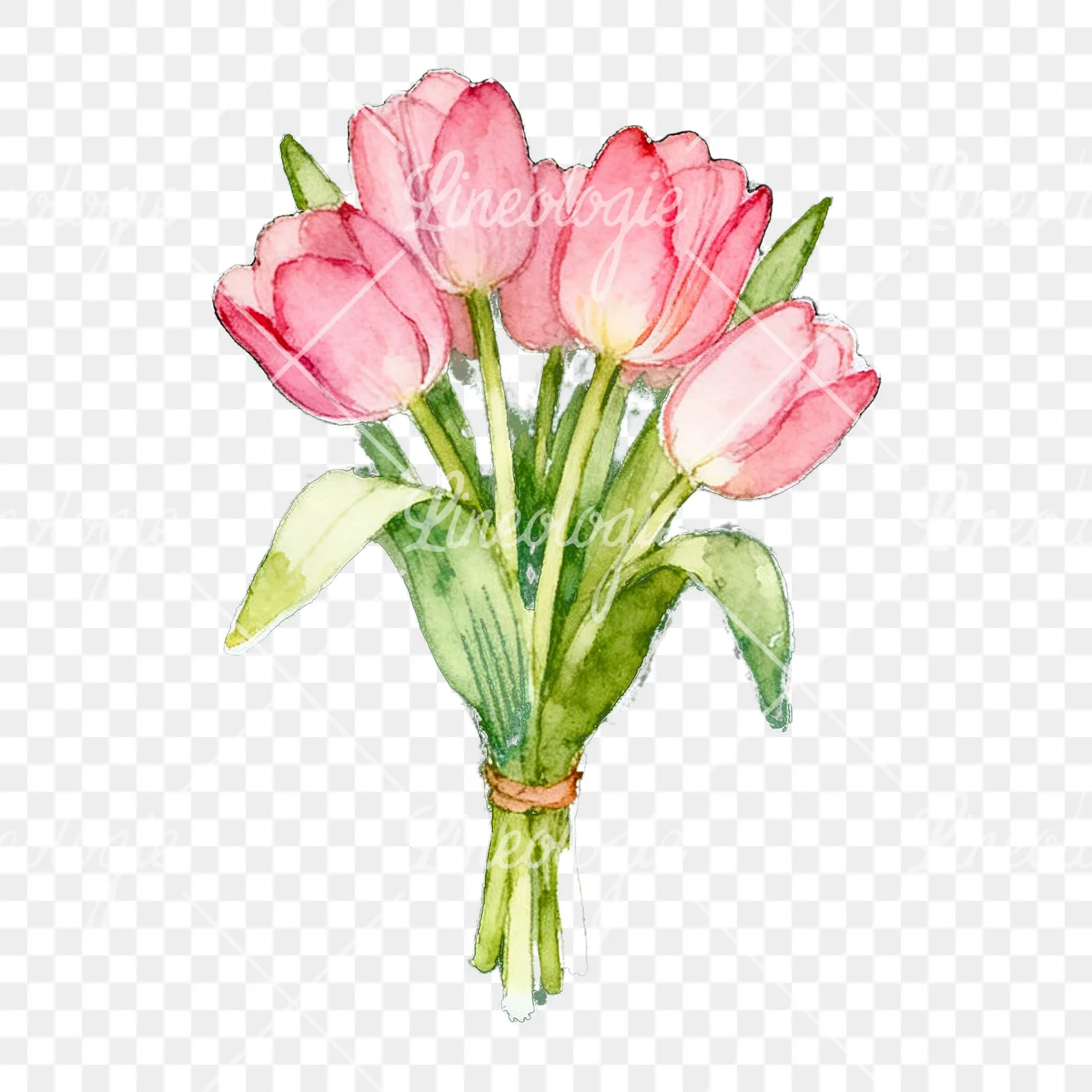 Watercolor loose pink tulip bouquet clipart 8 of 9 on a transparent background (PNG)