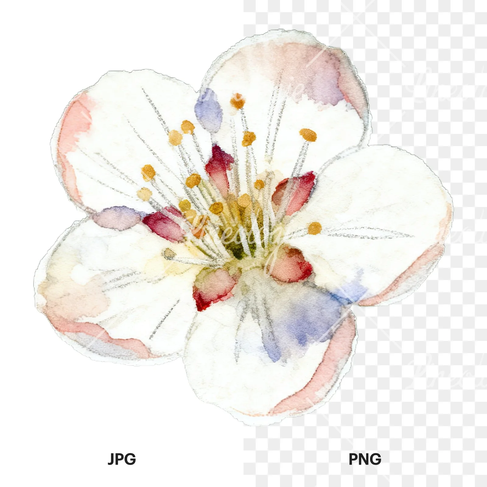 Watercolor plum blossom with buds clipart 2 of 9, as a JPG on white and a transparent PNG