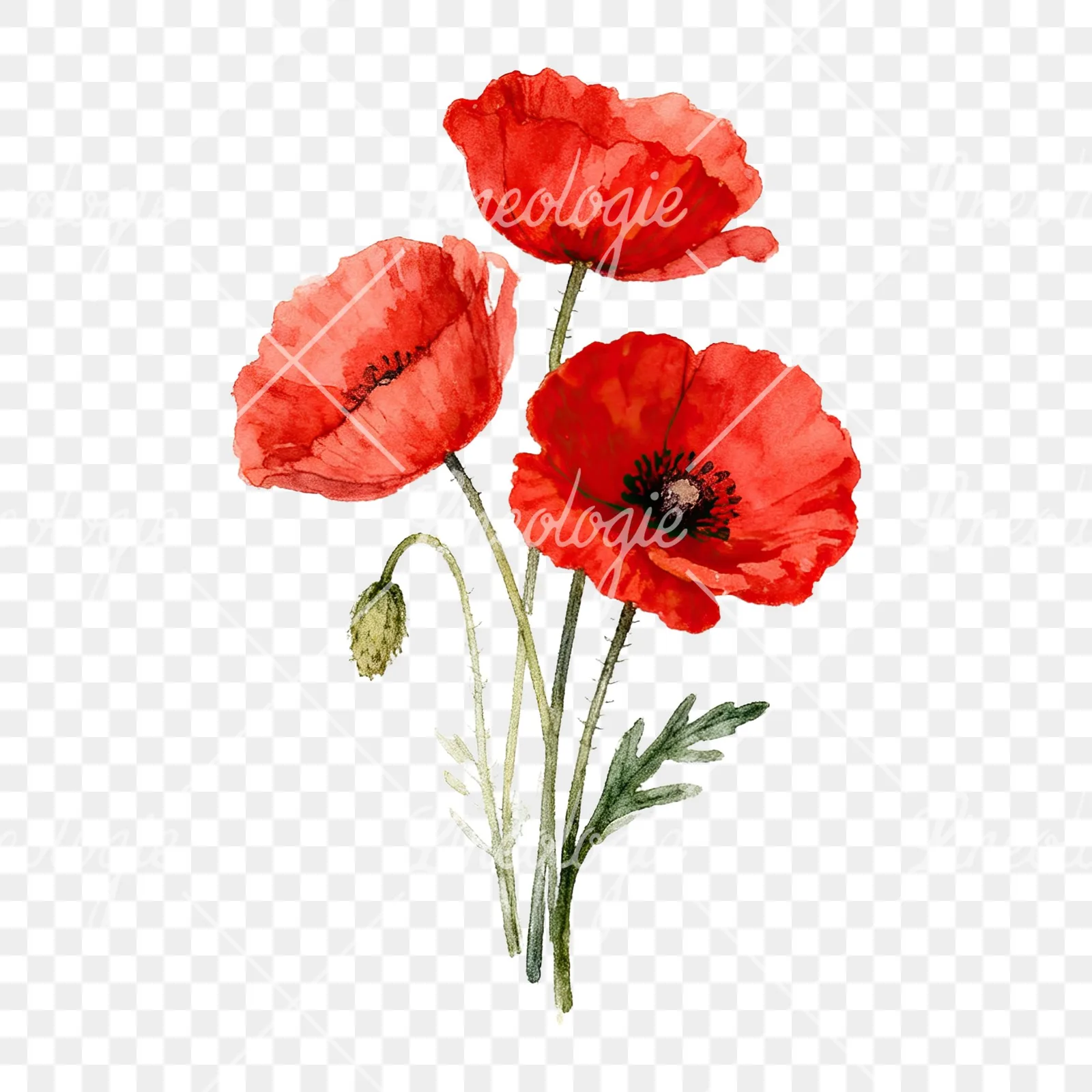 Watercolor poppy bouquet with vivid red petals clipart 2 of 9 on a transparent background (PNG)