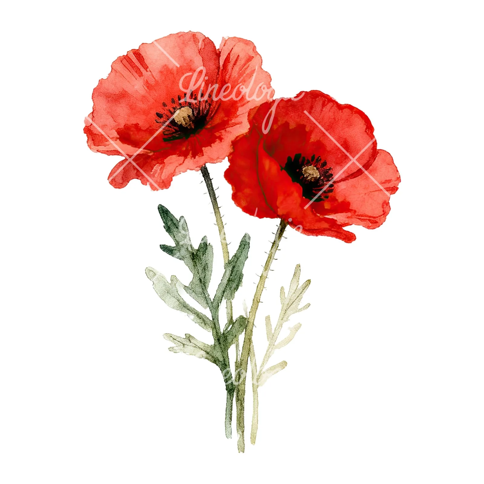 Watercolor poppy bouquet with vivid red petals clipart 5 of 9 on a white background (JPG)
