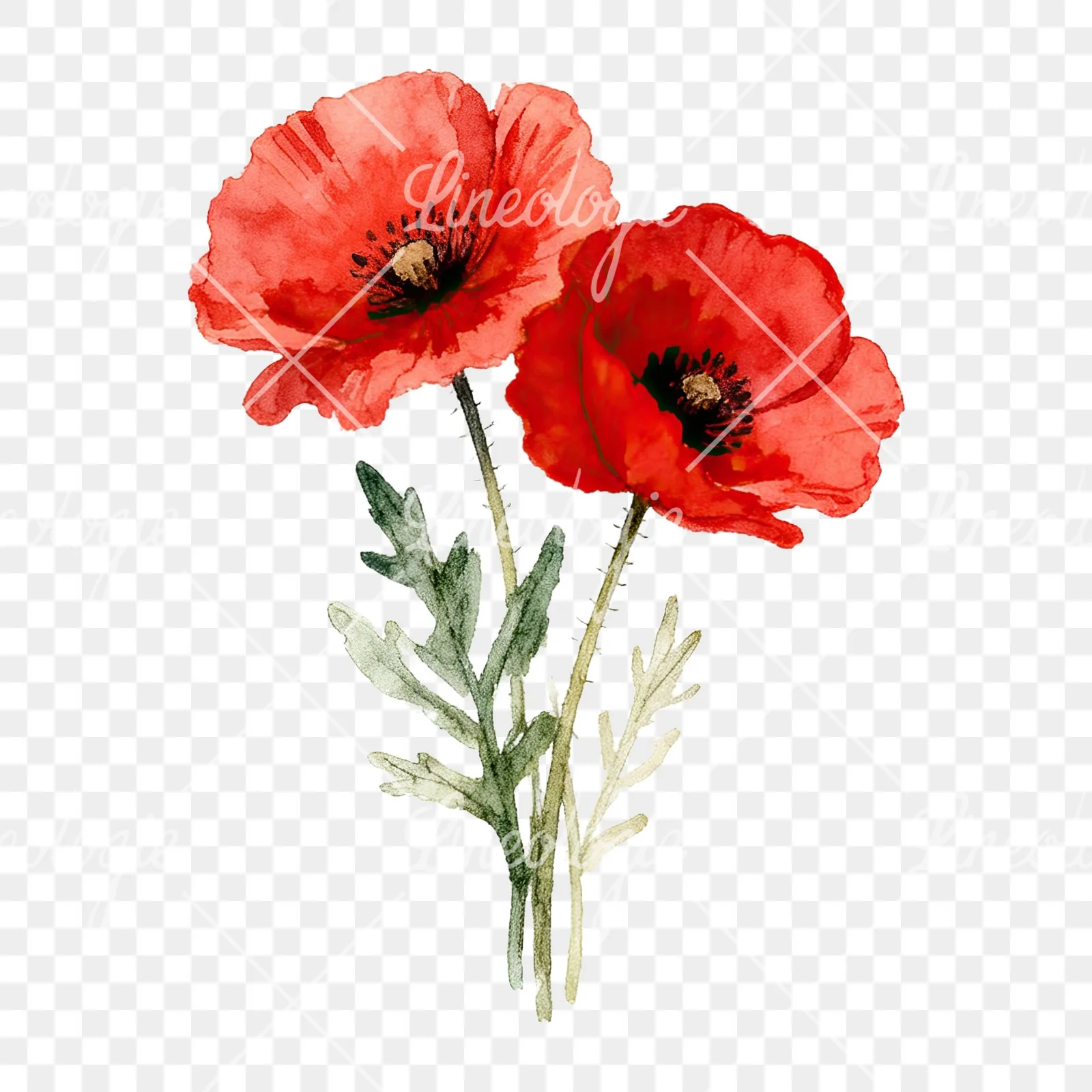 Watercolor poppy bouquet with vivid red petals clipart 5 of 9 on a transparent background (PNG)