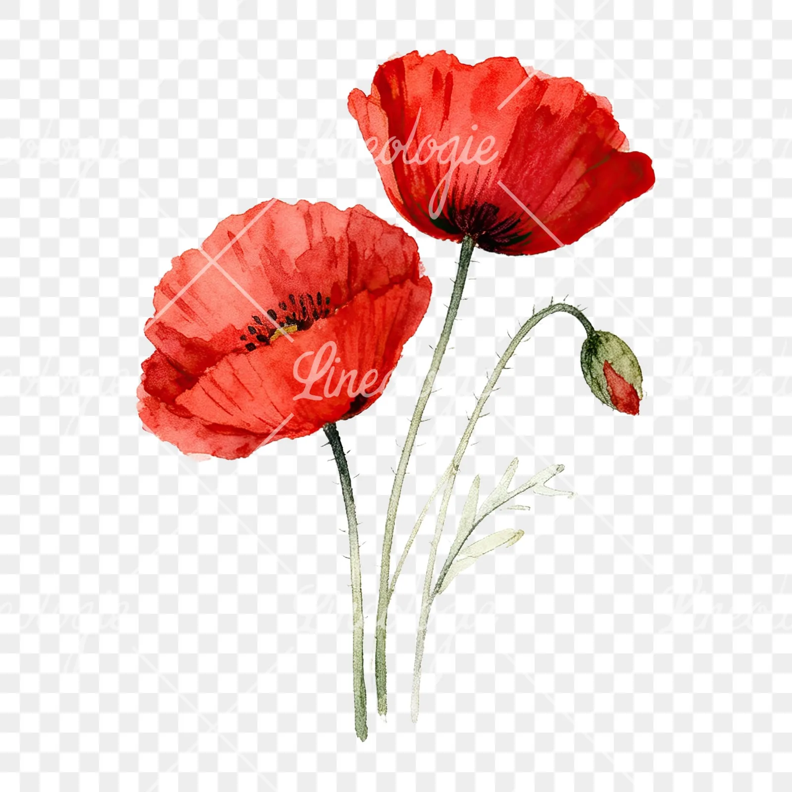 Watercolor poppy bouquet with vivid red petals clipart 6 of 9 on a transparent background (PNG)