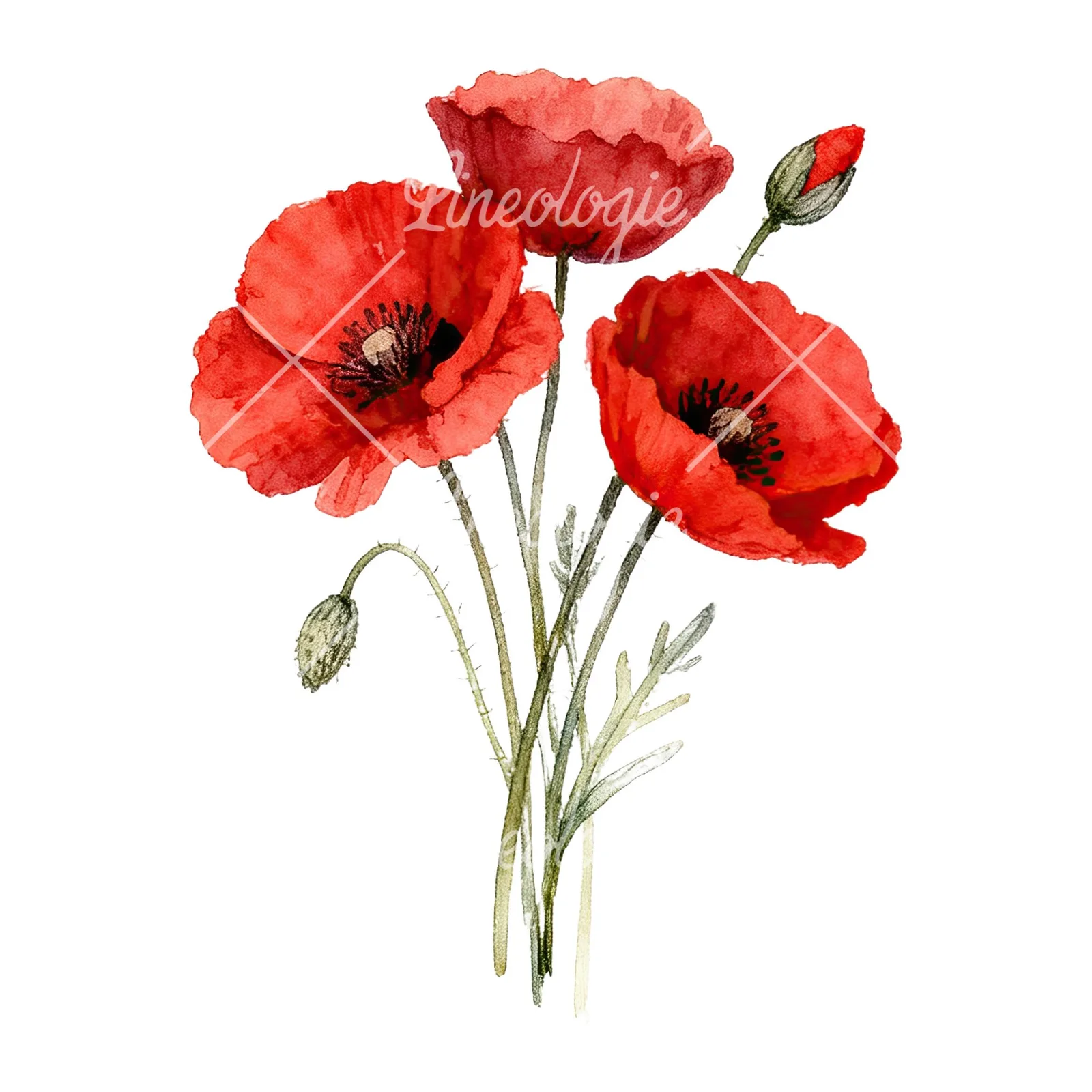 Watercolor poppy bouquet with vivid red petals clipart 7 of 9 on a white background (JPG)