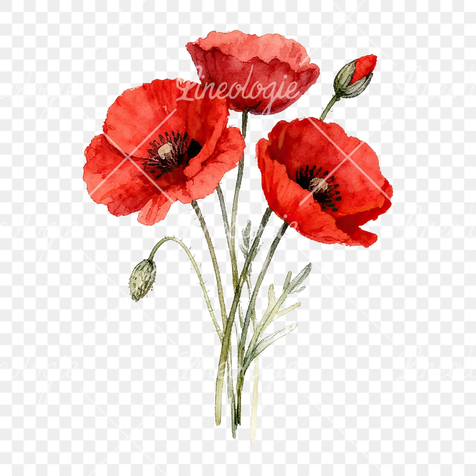 Watercolor poppy bouquet with vivid red petals clipart 7 of 9 on a transparent background (PNG)