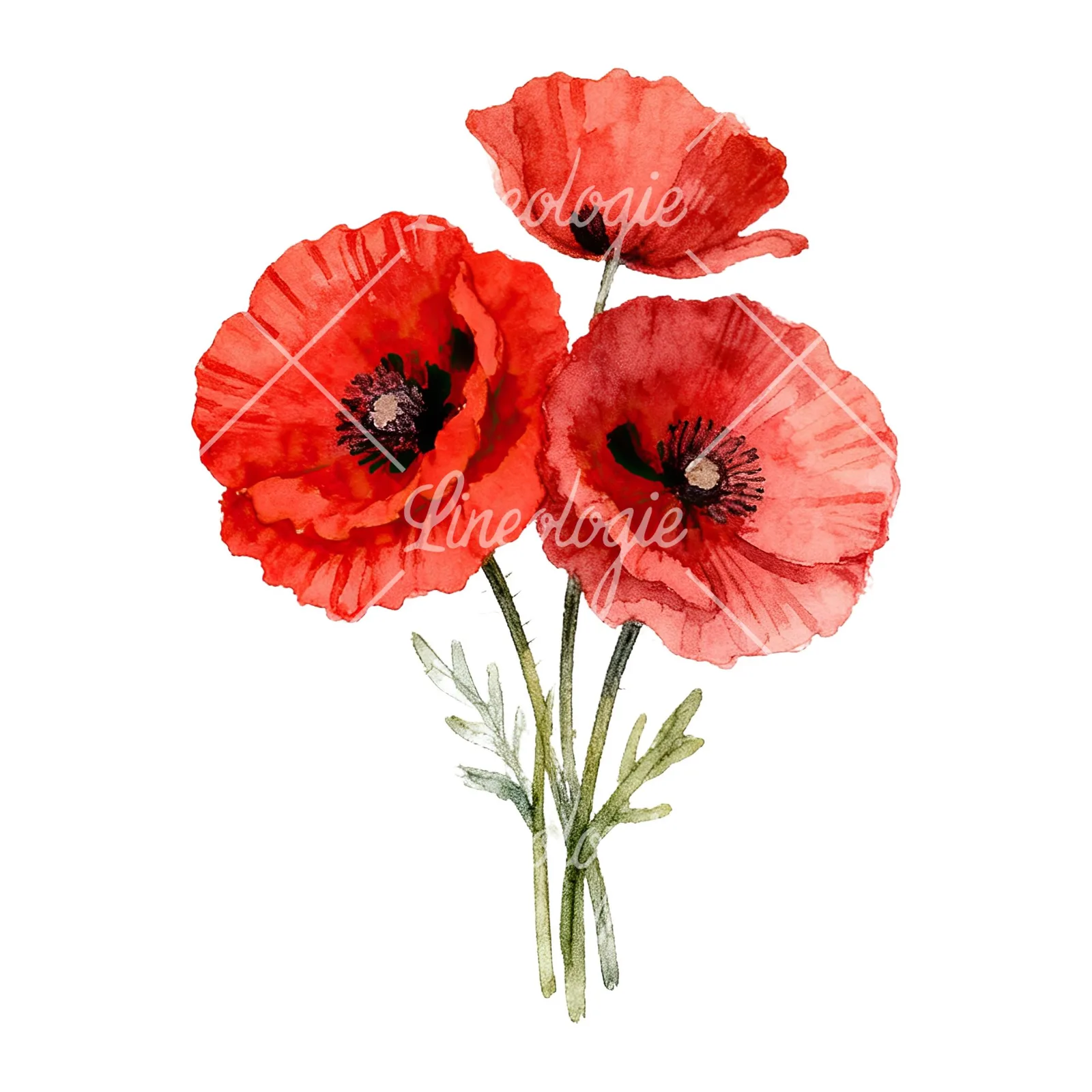 Watercolor poppy bouquet with vivid red petals clipart 8 of 9 on a white background (JPG)