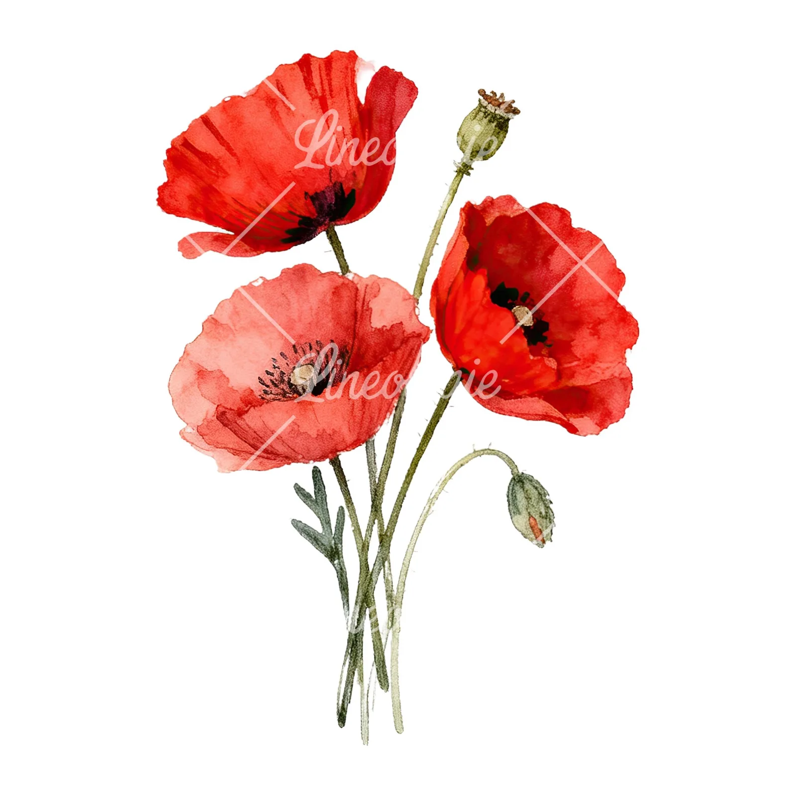 Watercolor poppy bouquet with vivid red petals clipart 9 of 9 on a white background (JPG)