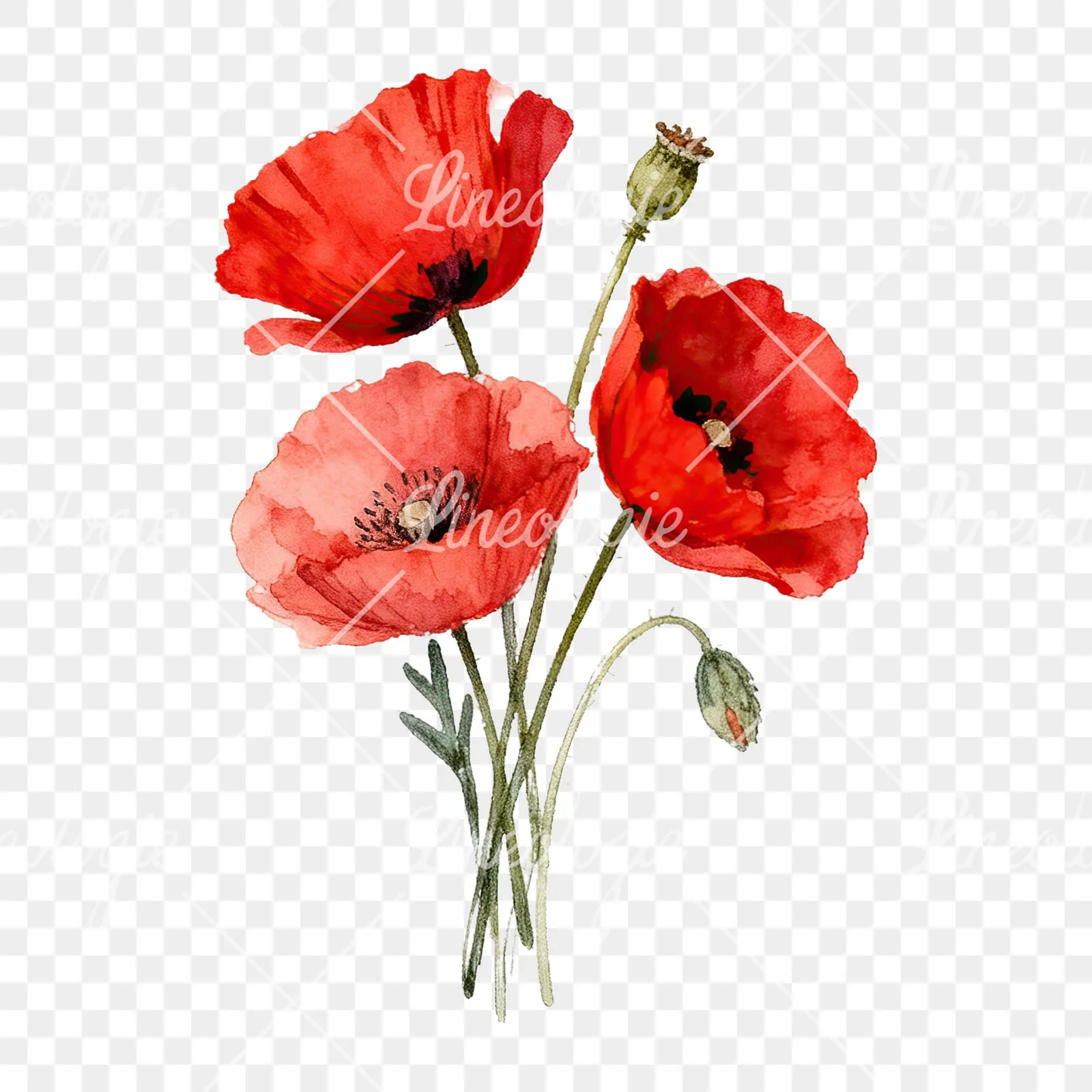 Watercolor poppy bouquet with vivid red petals clipart 9 of 9 on a transparent background (PNG)
