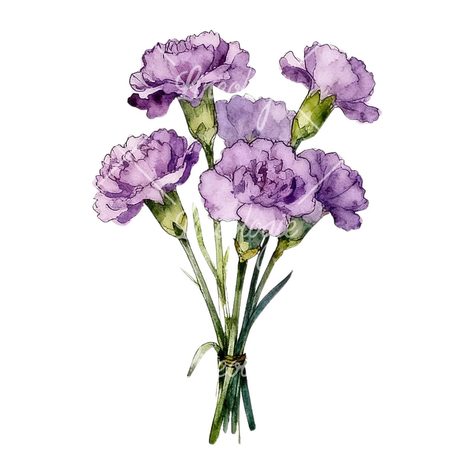 Watercolor light purple carnation bouquet clipart 1 of 9 on a white background (JPG)